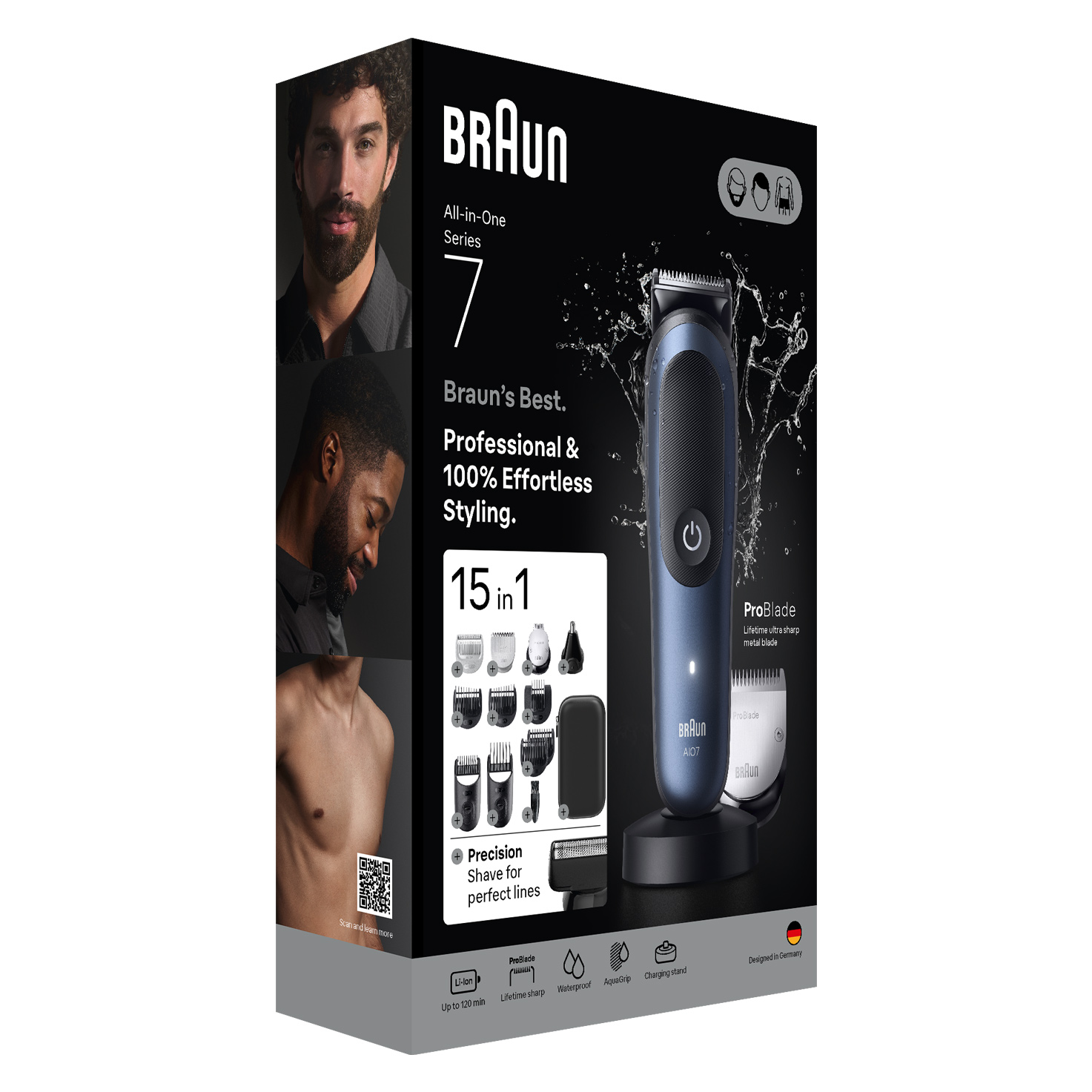 Braun All-in-One Series 7 doboz. Trimmert, tartozékokat és férfi képeket tartalmaz. A szöveg a precizitást és a stílust emeli ki.