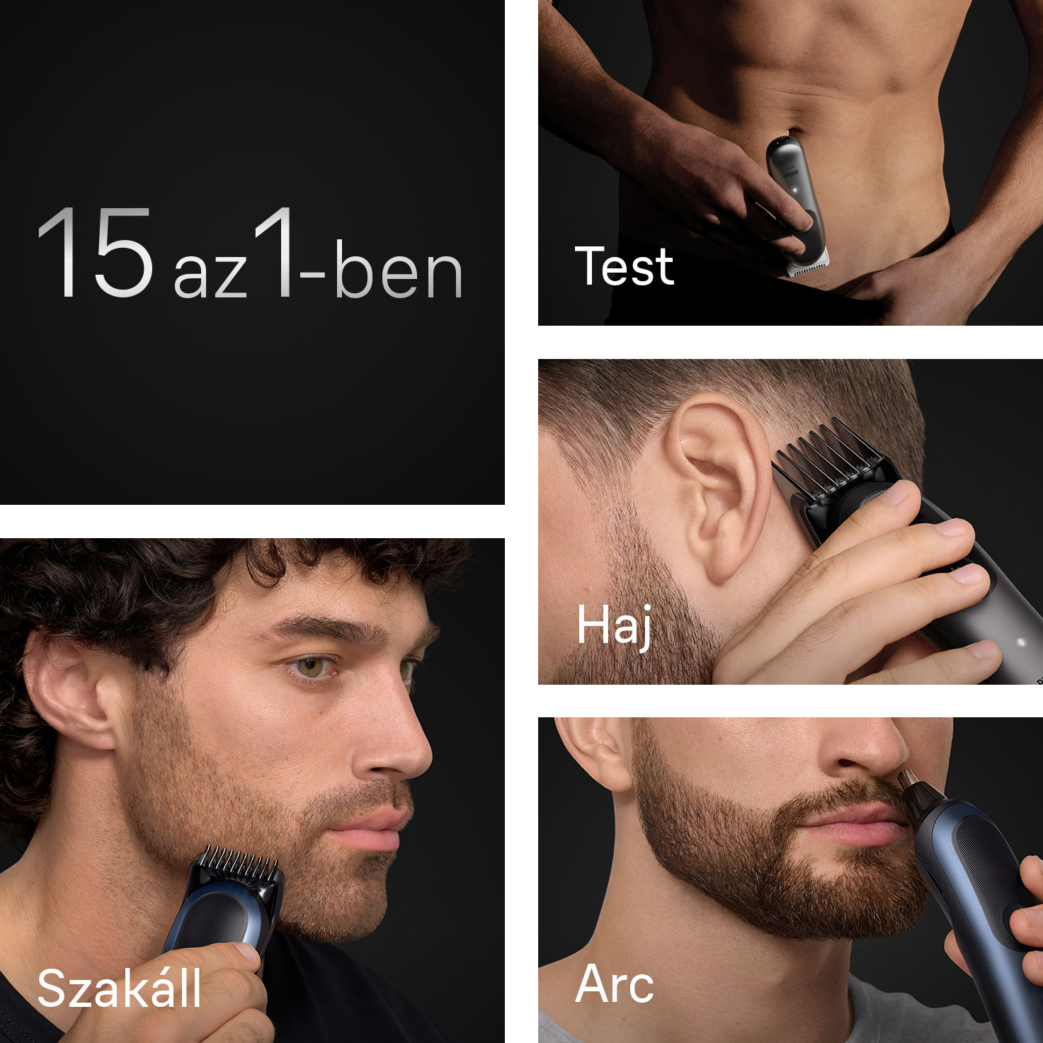 A képen fekete háttér látható '15 az 1-ben' felirattal. Más képek férfiakat mutatnak, akik a készüléket a mellkasukon, hajukon, szakállukon és orrukon használják.