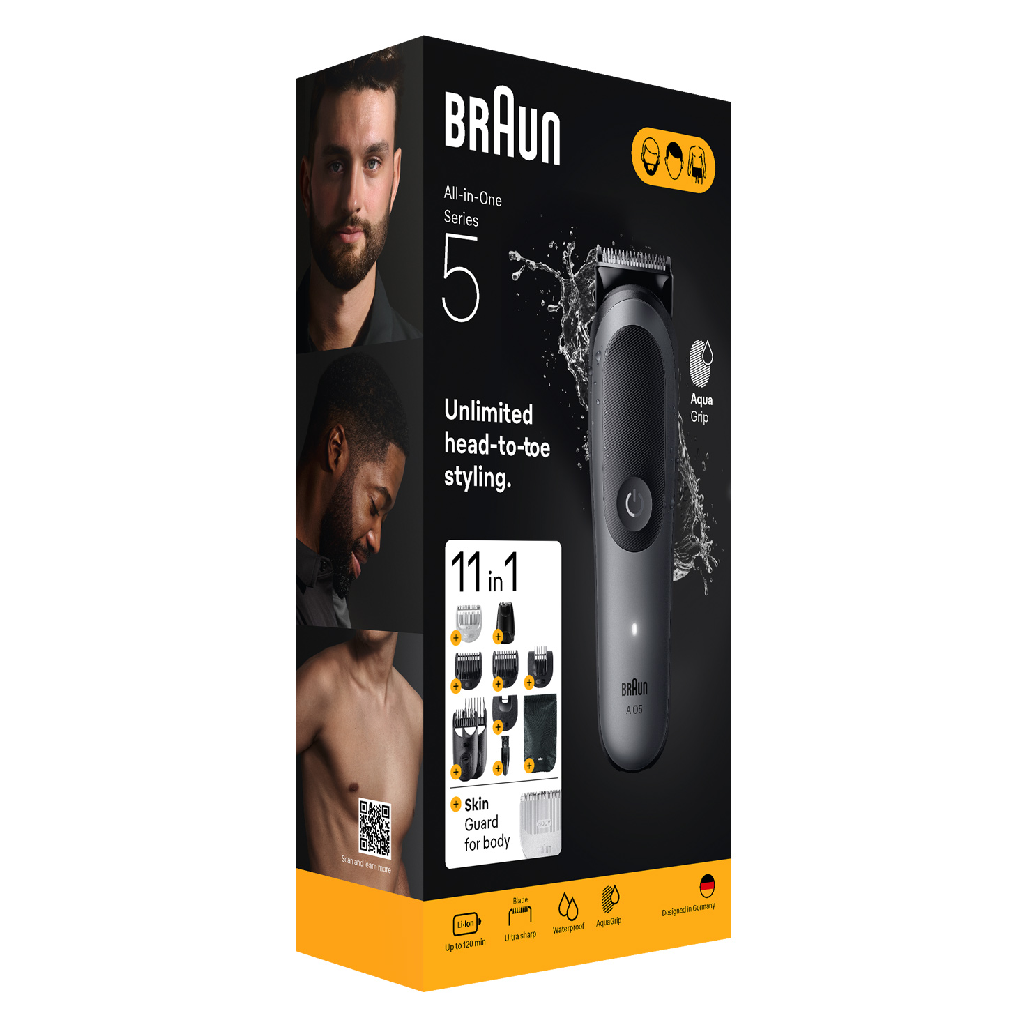 Braun All-in-One Series 5 doboz. Egy férfi arca, egy trimmelő és kiegészítők láthatók. Jellemzők: 11 az 1-ben stílus és testvédő.