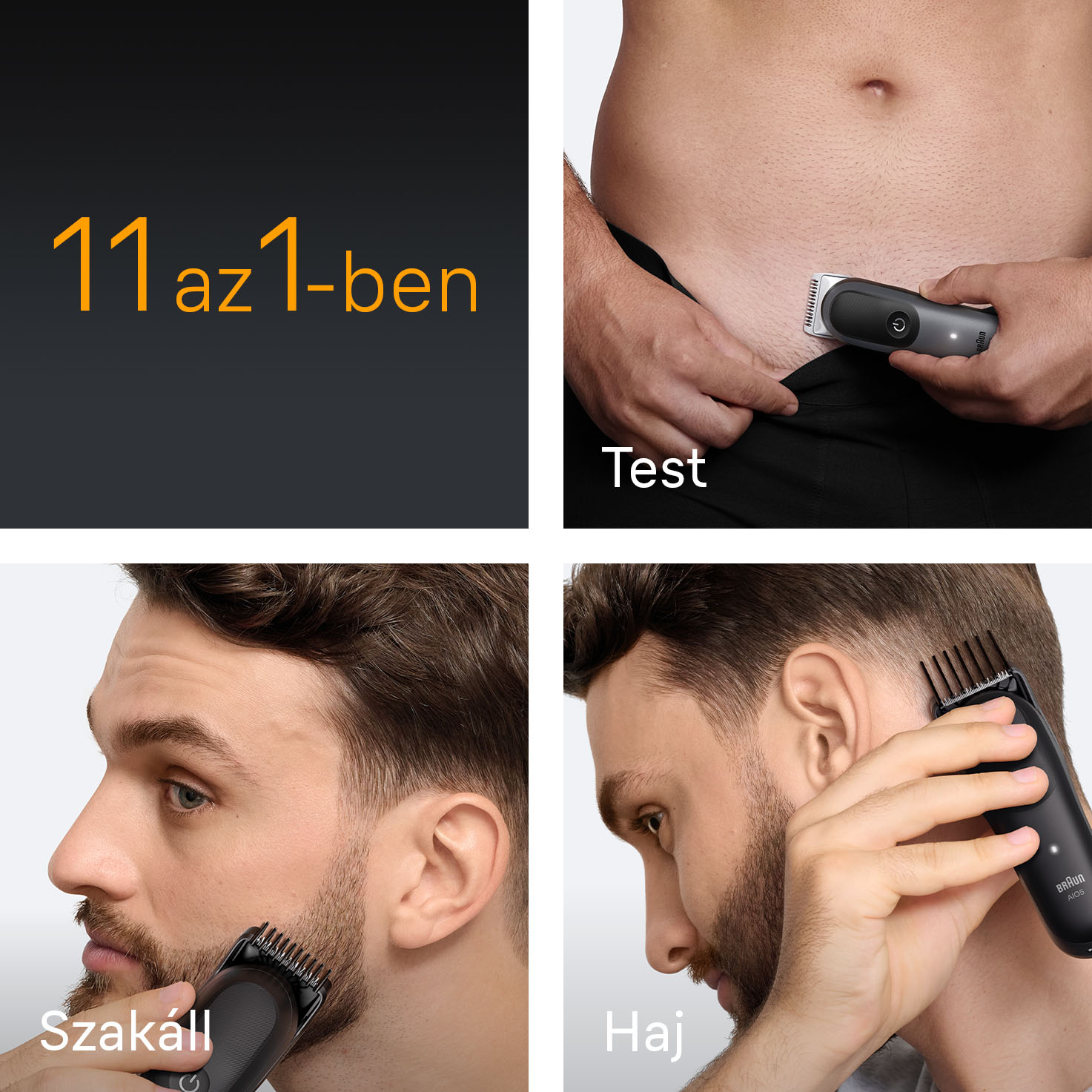 A képen egy termék látható a "11 az 1-ben" felirattal. Más képeken a termék használata látható testen, szakállon és hajon.