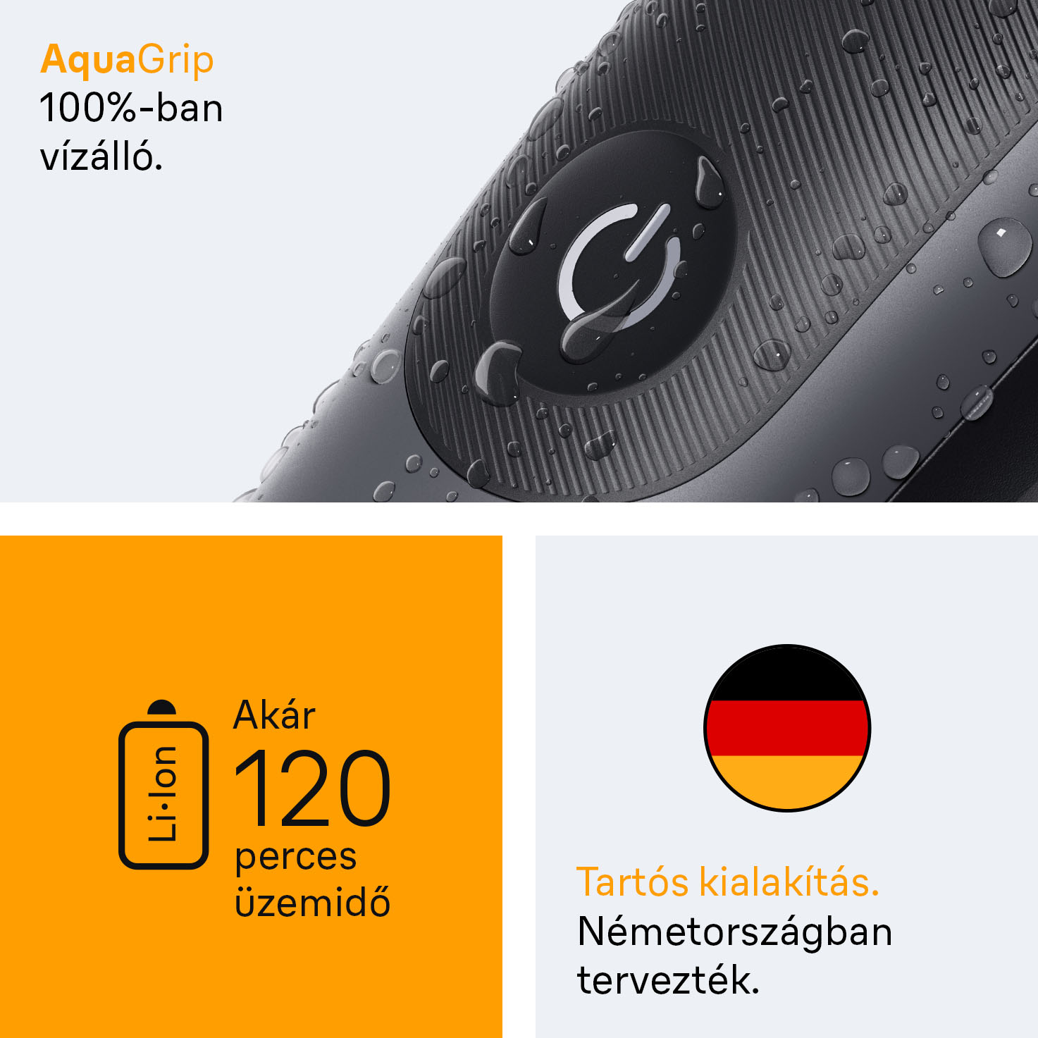 Egy fekete, vízzel borított elektromos borotva közeli képe. Jellemzői: bekapcsológomb, akkumulátor ikon, és 120 perces üzemidő.