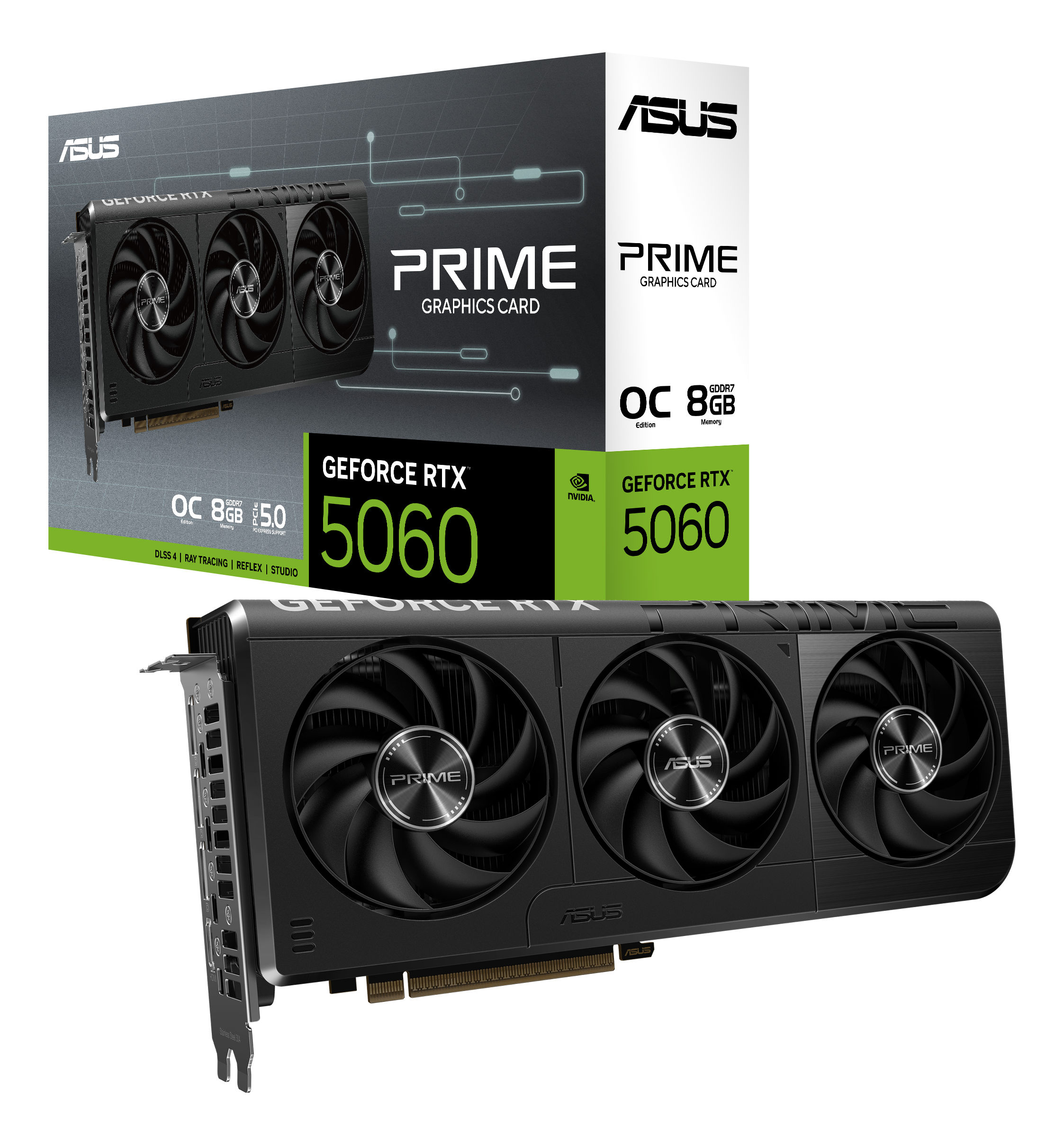 Eine schwarze ASUS GeForce RTX 5060 Grafikkarte mit drei Lüftern wird zusammen mit ihrer Box angezeigt.