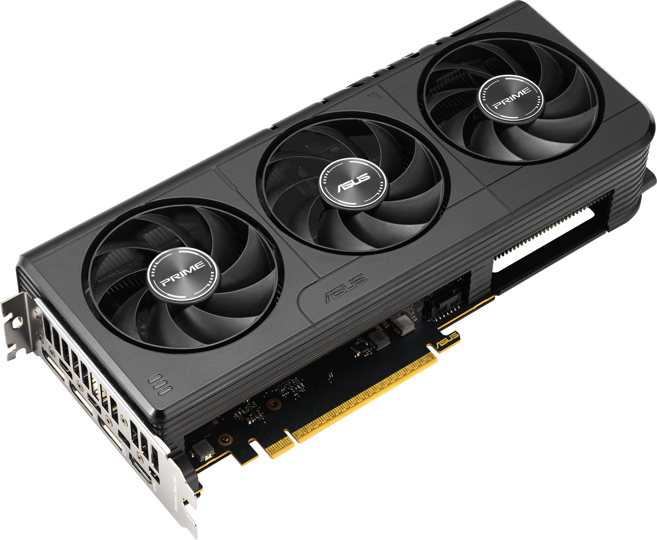 Eine schwarze und silberne ASUS Prime Grafikkarte mit drei Lüftern. Sie liegt auf einer weißen Oberfläche, nach rechts geneigt.