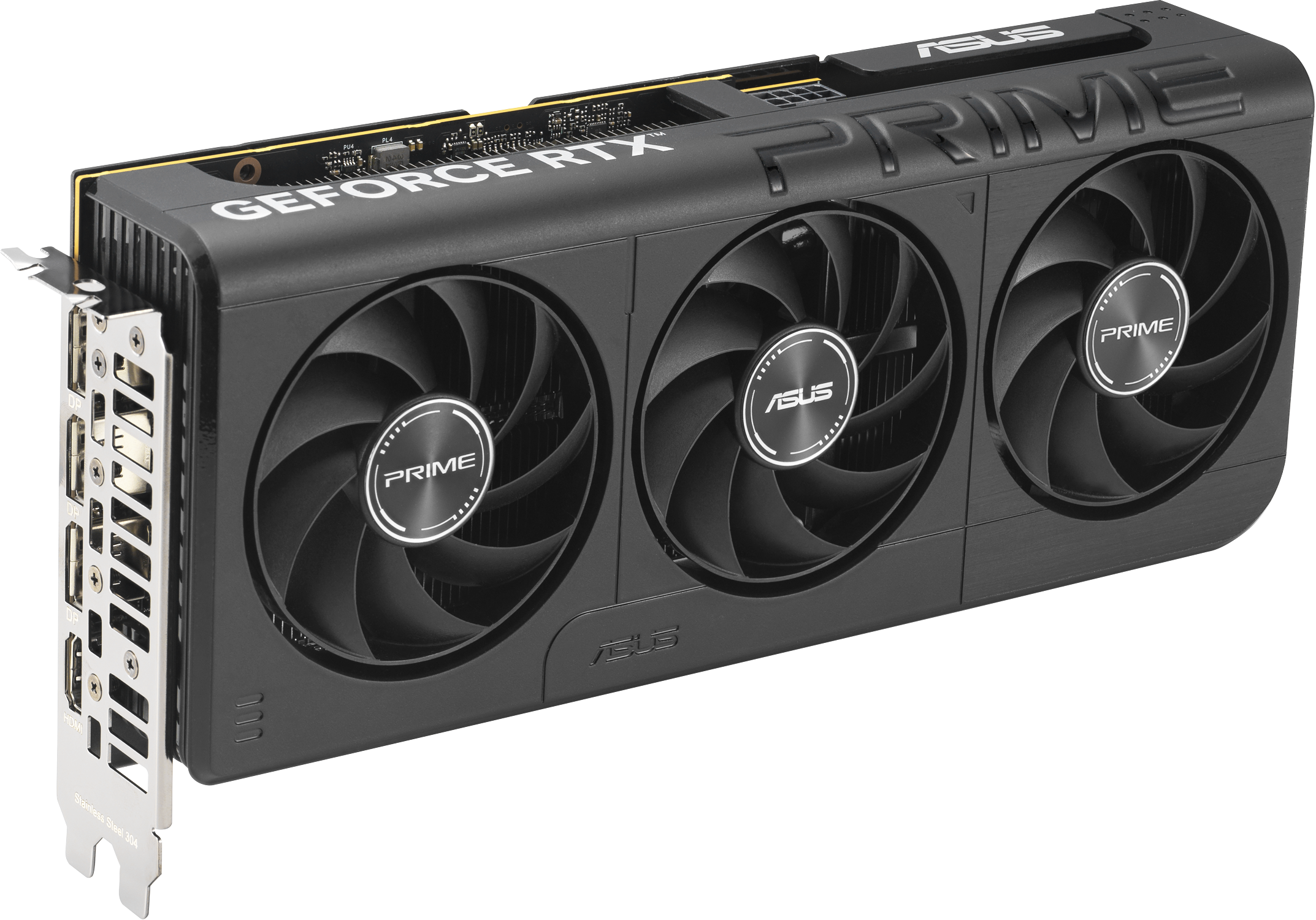 Eine schwarze und graue ASUS GeForce RTX Grafikkarte. Sie hat drei Lüfter, das Wort PRIME und GeForce RTX.
