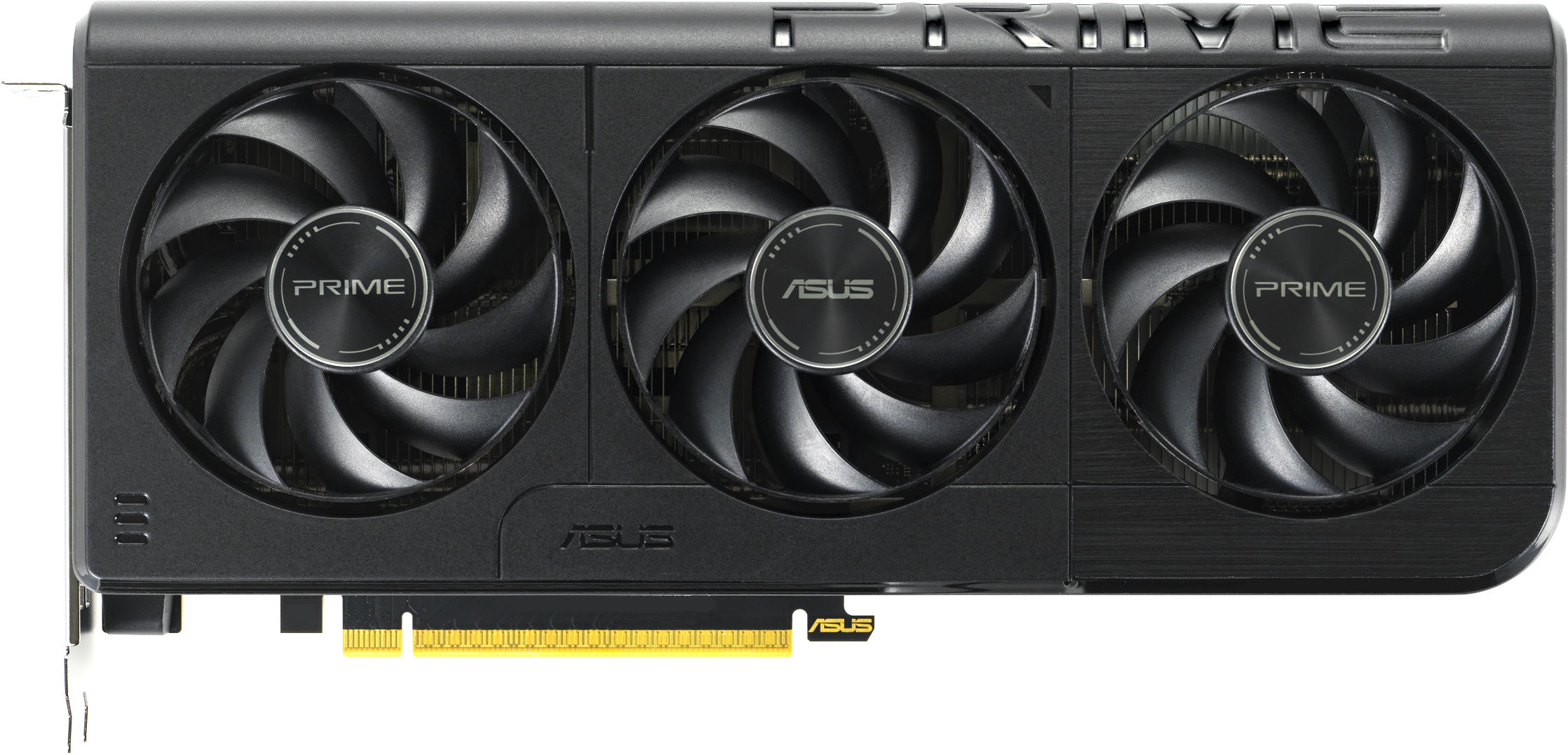 Schwarze ASUS Prime Grafikkarte mit drei Lüftern. Jeder Lüfter hat Flügel. Der mittlere Lüfter hat das ASUS-Logo, die anderen PRIME.