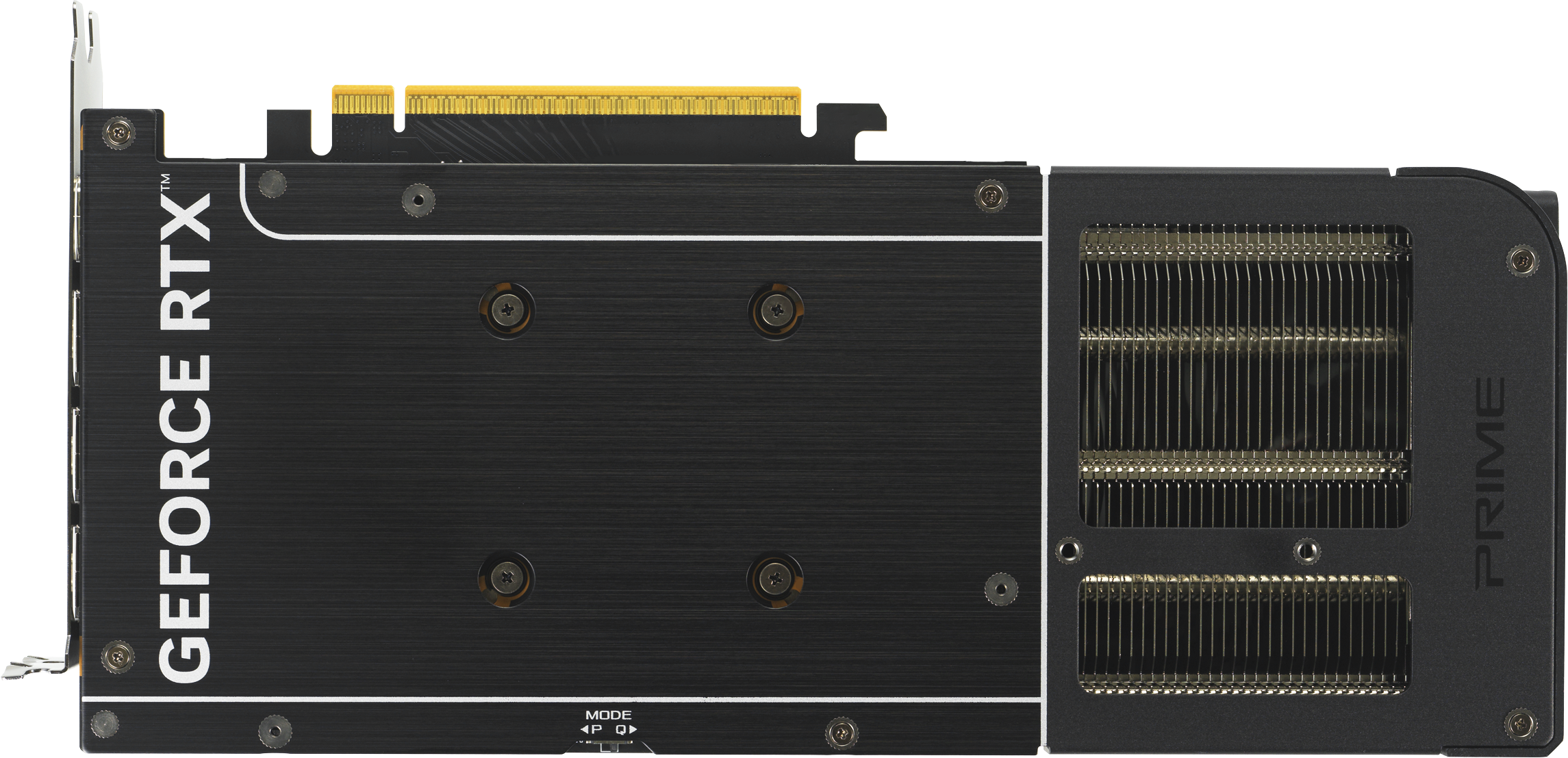 Eine schwarze GeForce RTX PRIME Grafikkarte. Sie hat ein schwarzes Metallgehäuse, Kühlrippen und goldfarbene Anschlüsse.