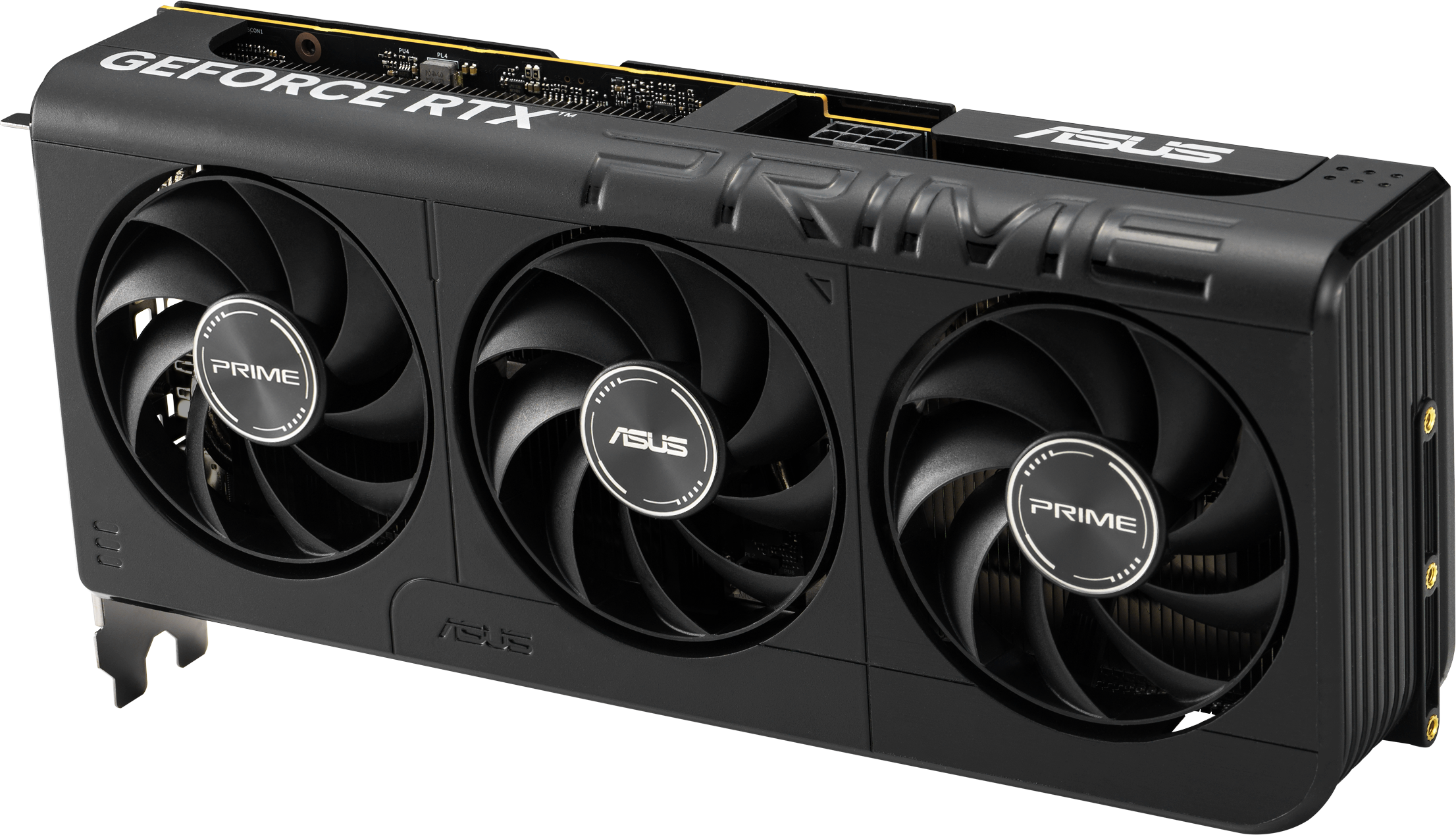 Eine schwarze ASUS GeForce RTX Grafikkarte mit drei Lüftern. Auf der Karte steht PRIME und ASUS. Der Hintergrund ist weiß.