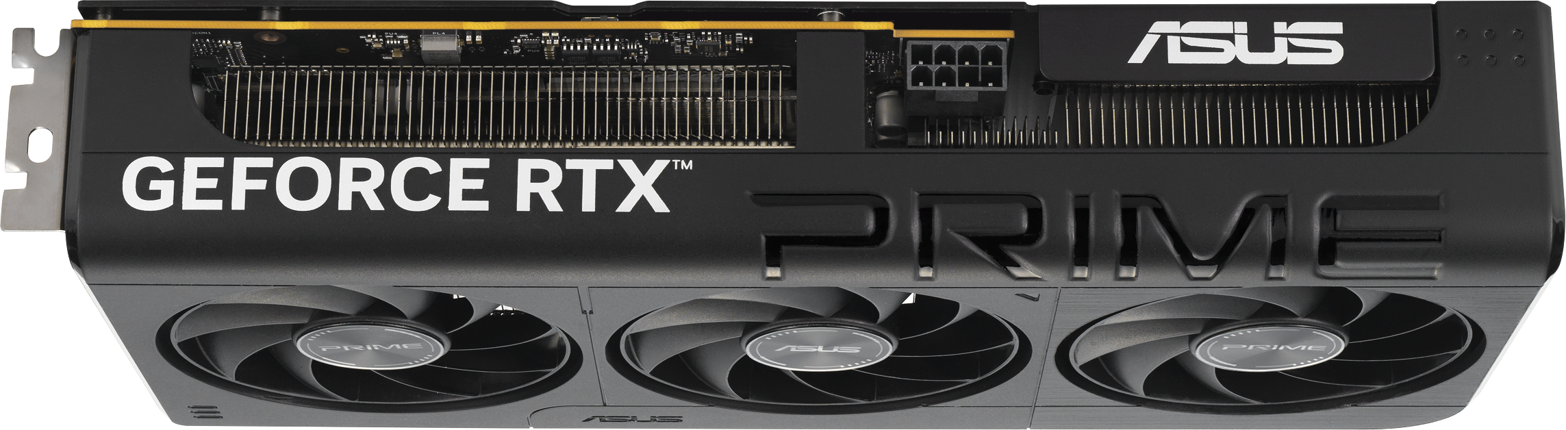 Schwarze Grafikkarte mit drei Lüftern. Enthält die Wörter GEFORCE RTX, PRIME und ASUS. Es ist eine Computerkomponente.