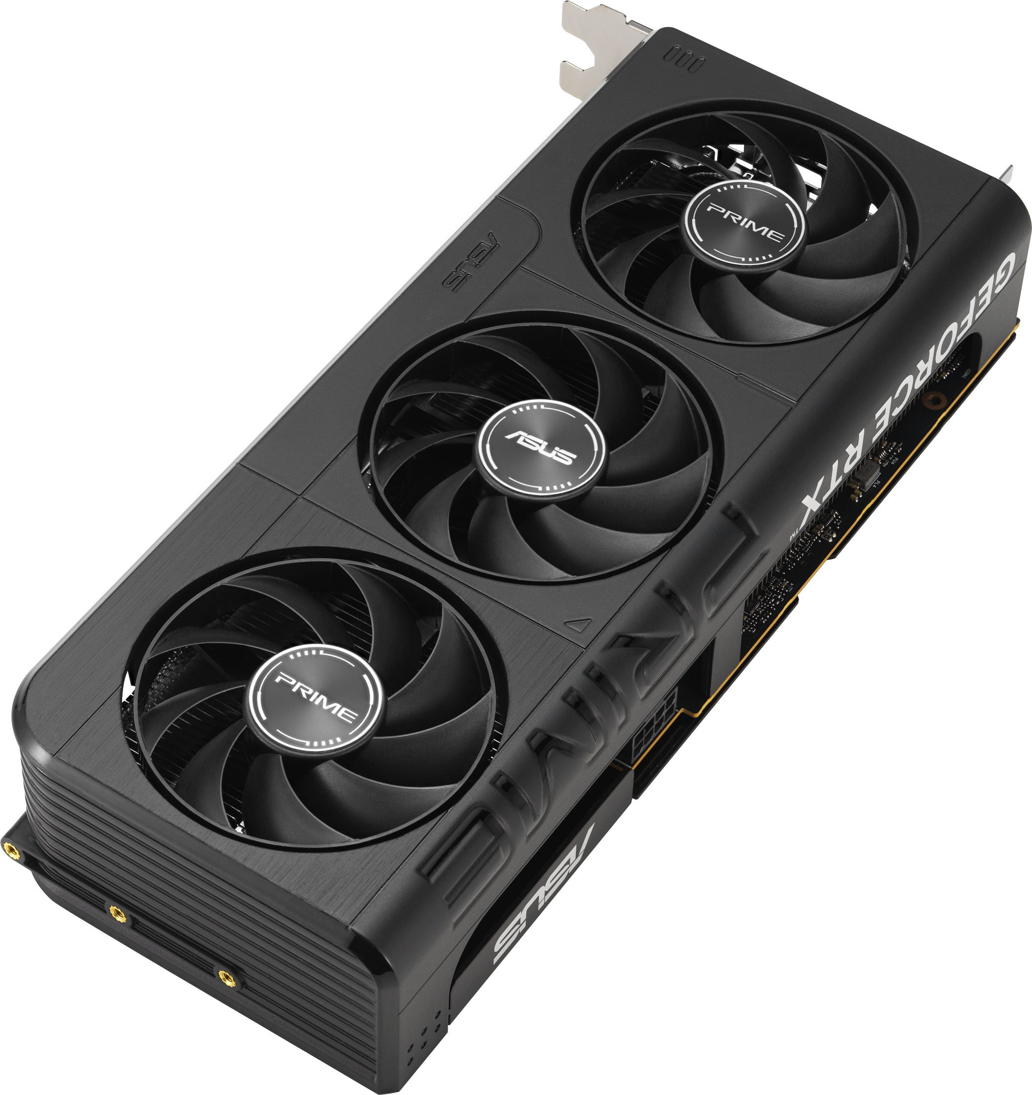 Schwarze ASUS GeForce RTX-Grafikkarte mit drei Lüftern. Die Lüfter haben PRIME- und ASUS-Logos. Die Karte liegt auf weißem Untergrund.