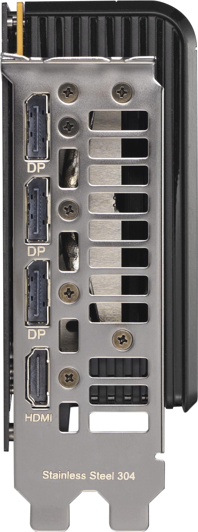 Nahaufnahme einer Computer-Grafikkarte. Sie hat mehrere Anschlüsse mit der Bezeichnung DP und HDMI, eine Metallrückplatte mit Lüftungsschlitzen und Schrauben.