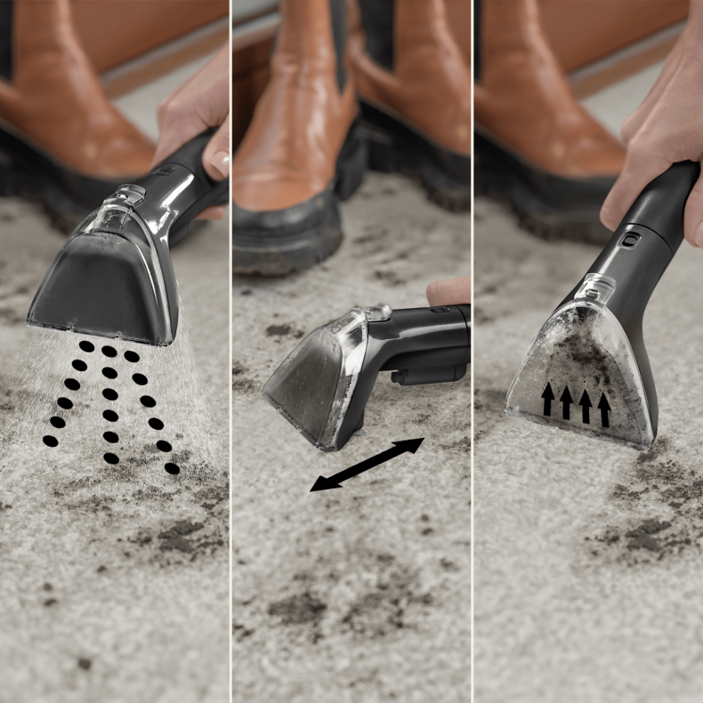 Osoba używa czarnego odkurzacza do dywanów na brudnym dywanie. Brązowe buty w tle. Strzałki pokazują proces czyszczenia.