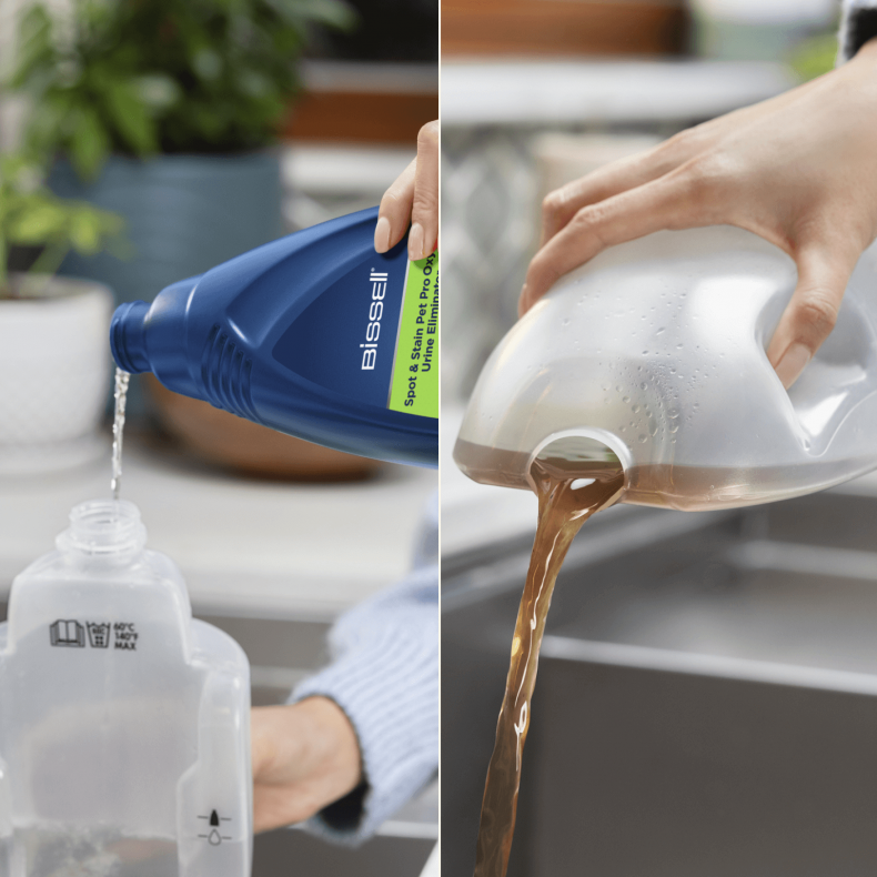 Ręce wylewają płyny z Bissell i pojemnika do innego pojemnika. Jeden płyn jest przezroczysty, drugi brązowy.
