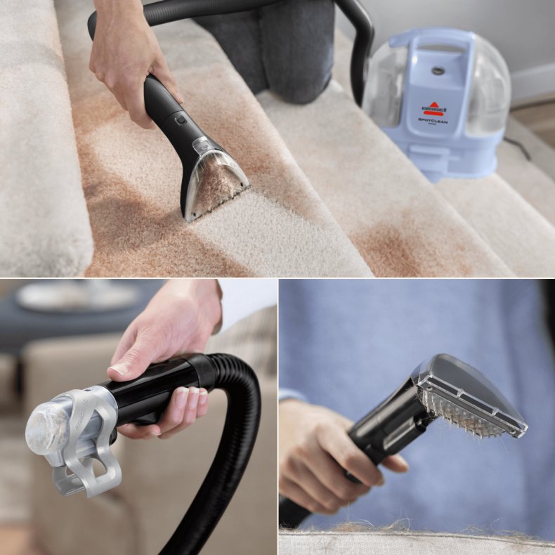 Osoba używa odkurzacza Bissell SpotClean na schodach pokrytych dywanem. Odkurzacz usuwa plamy. Dodatkowe ujęcia szczegółowe odkurzacza są pokazane.