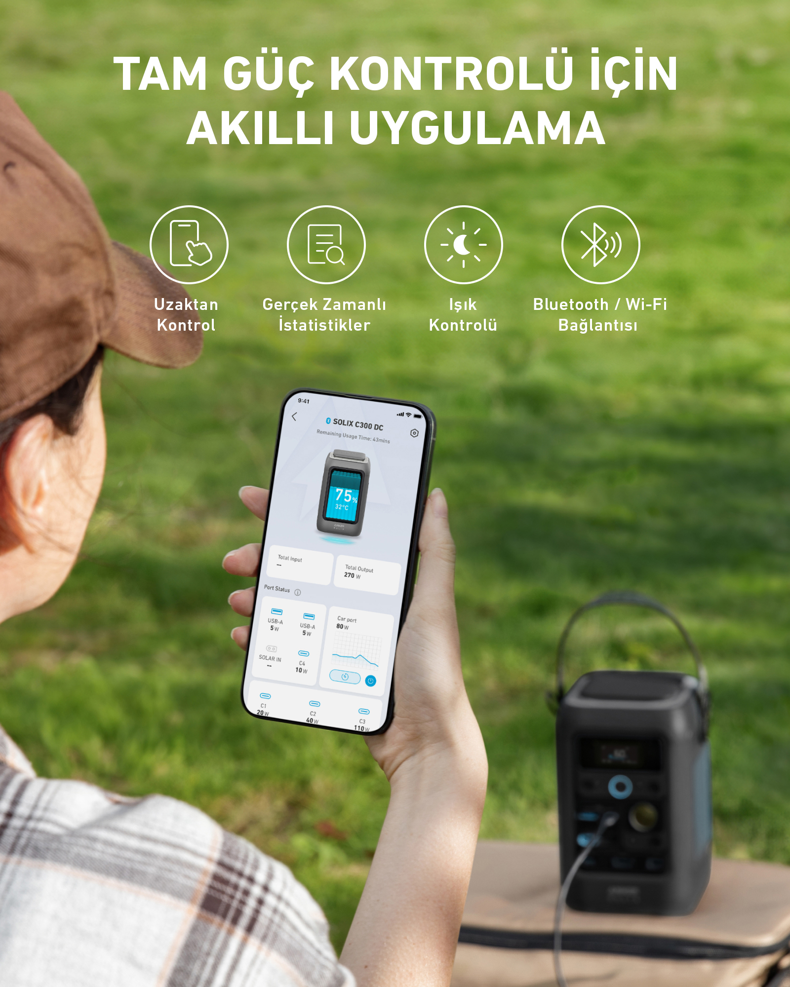 Bir kadın, uygulama verilerini gösteren bir telefon tutuyor. Yakınlarda bir santral bulunuyor. Görüntüde Türkçe metin yer alıyor.