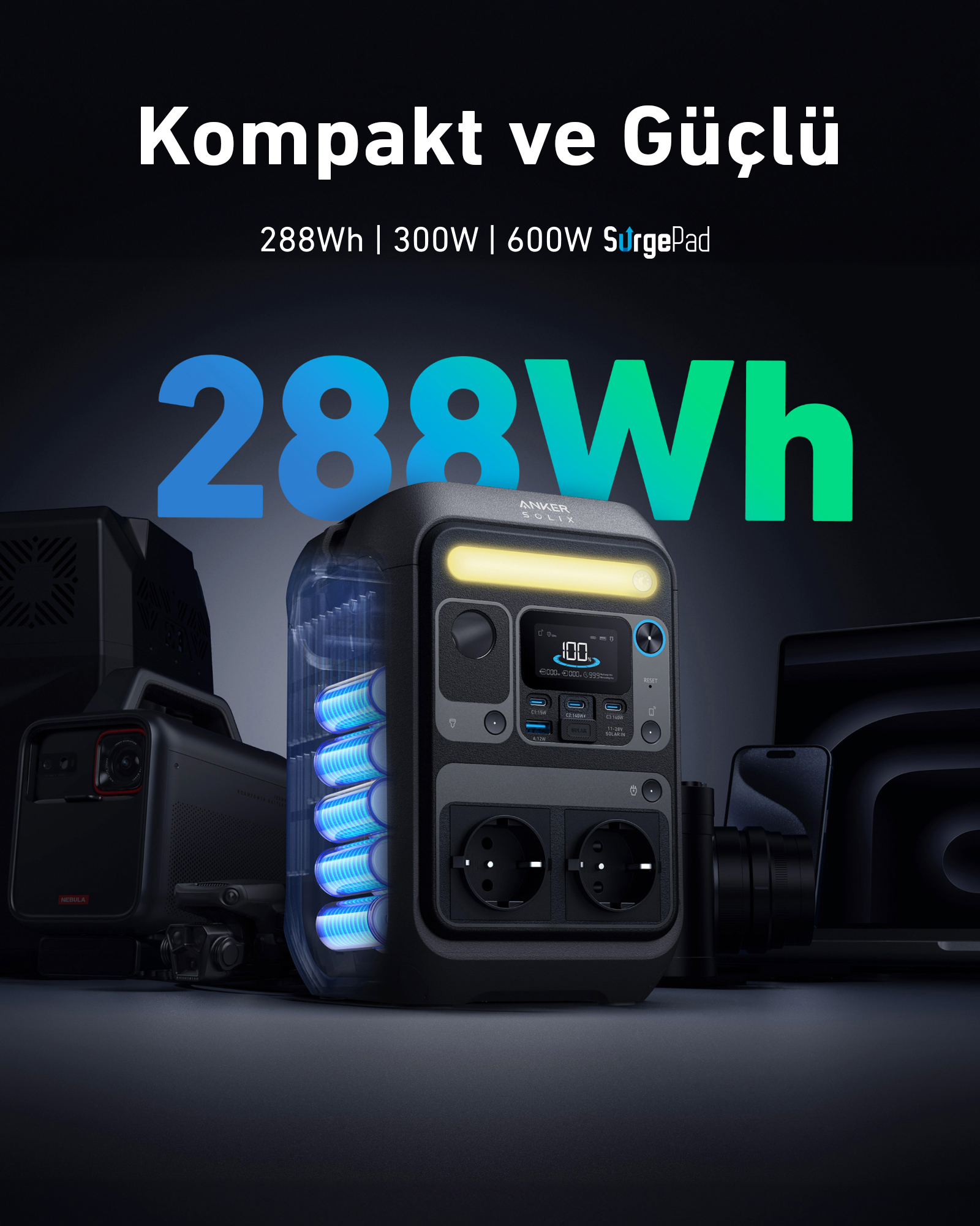 288Wh, 300W ve 600W SurgePad'li bir güç istasyonu, içinde görülebilir piller ve diğer cihazlar.
