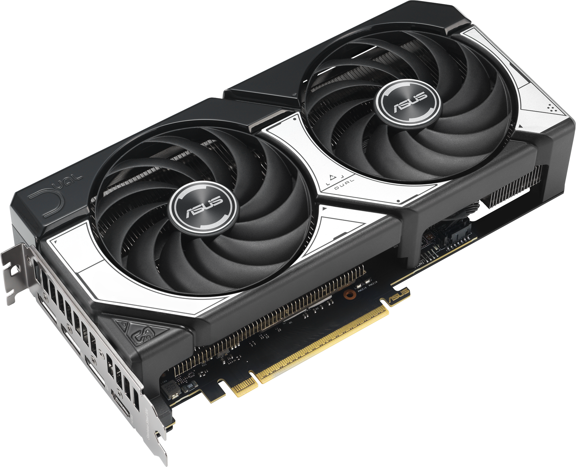 Eine schwarz-silberne ASUS Dual Grafikkarte. Zwei Lüfter sind sichtbar. Die Karte liegt auf einer weißen Oberfläche.