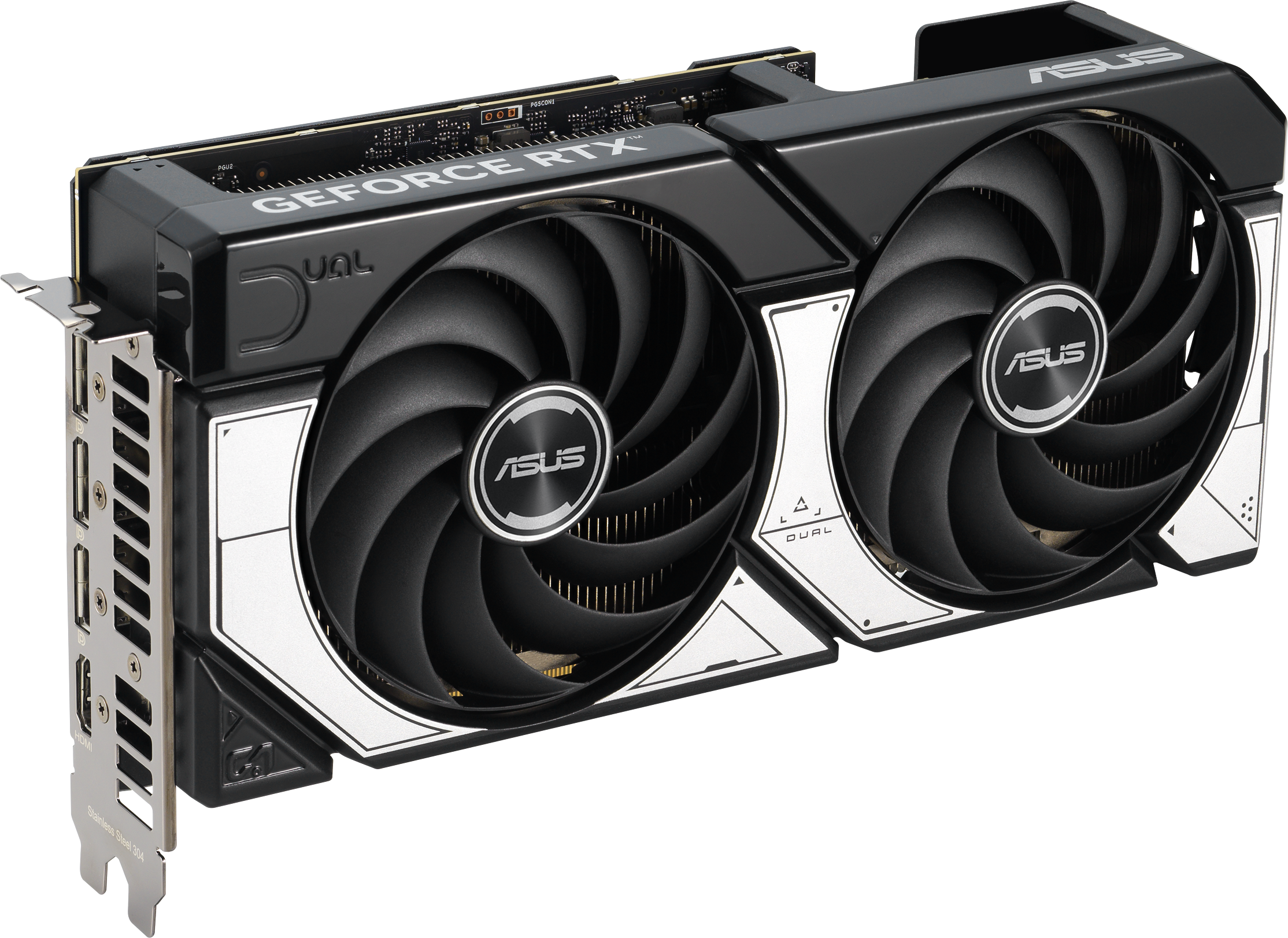 Eine schwarz-silberne Asus GeForce RTX Dual Grafikkarte mit zwei Lüftern und dem Asus-Logo.