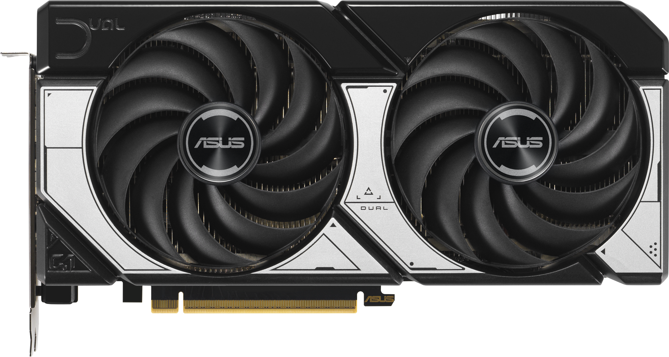 Schwarze und silberne ASUS Dual Grafikkarte. Mit zwei Lüftern, dem ASUS-Logo und silbernen Akzenten auf einem schwarzen Rahmen.
