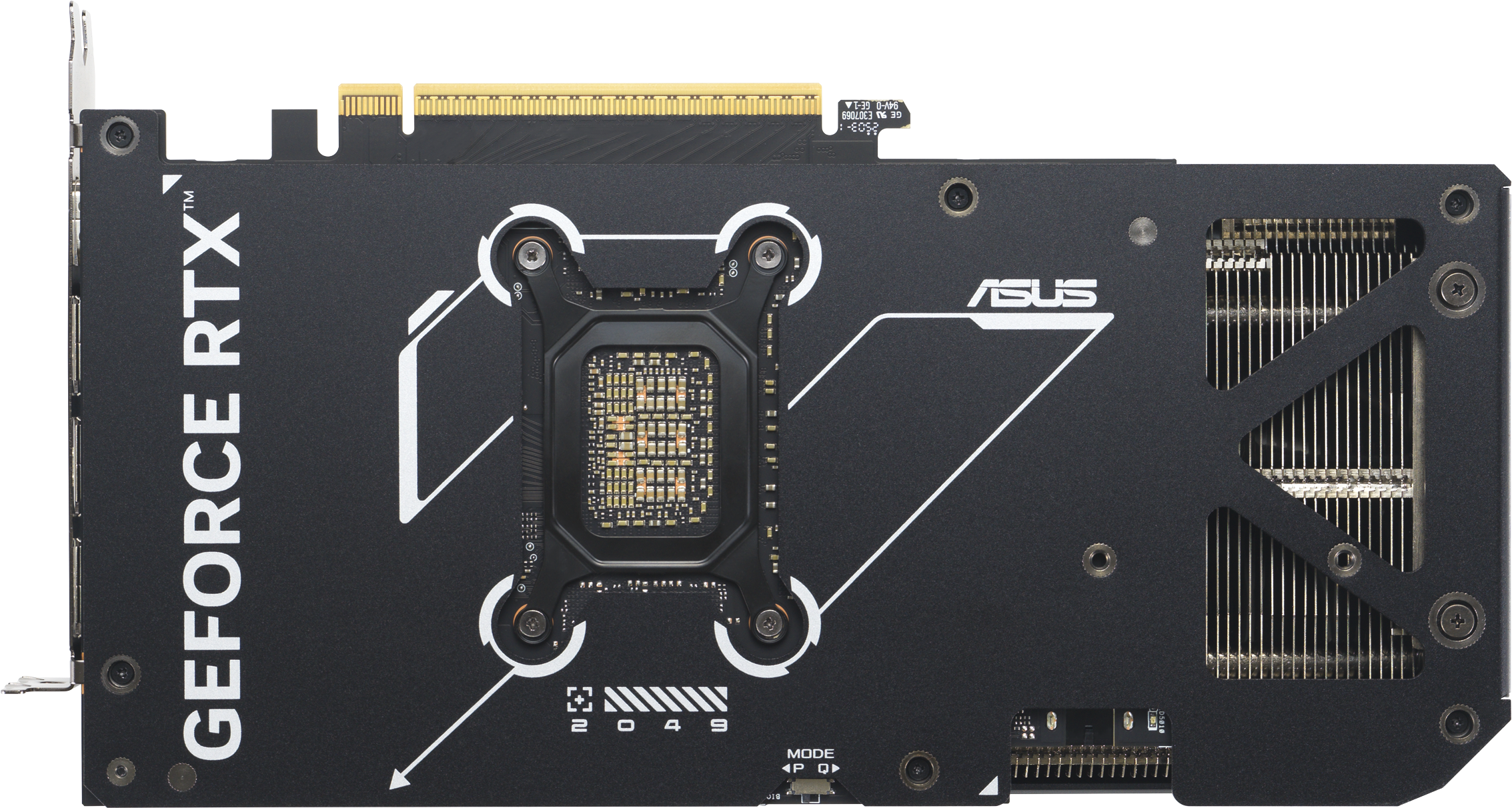 Schwarze Grafikkarte mit weißen Akzenten, ASUS-Logo und GeForce RTX-Branding. Verfügt über ein Kühlsystem und verschiedene elektronische Komponenten.