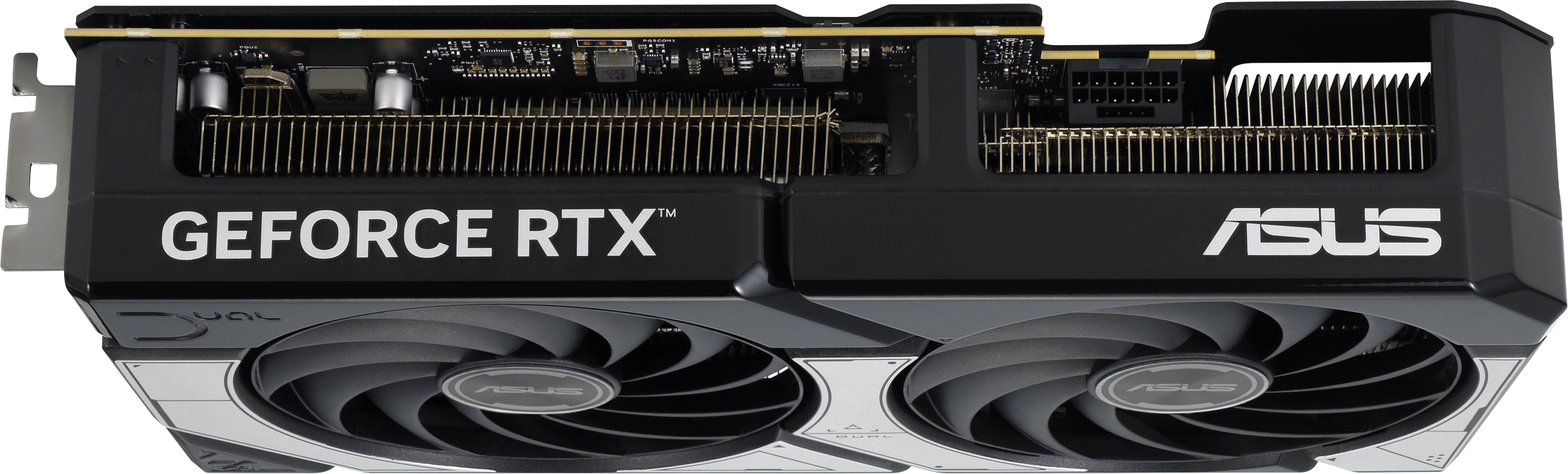 Eine schwarze und silberne Grafikkarte mit den Worten GEFORCE RTX und ASUS, mit zwei Lüftern.