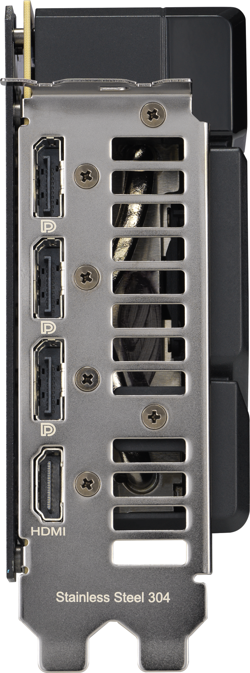Nahaufnahme der Rückseite einer GPU mit HDMI- und DisplayPort-Anschlüssen, Metallgehäuse und Lüftungsschlitzen. Text: Edelstahl 304.