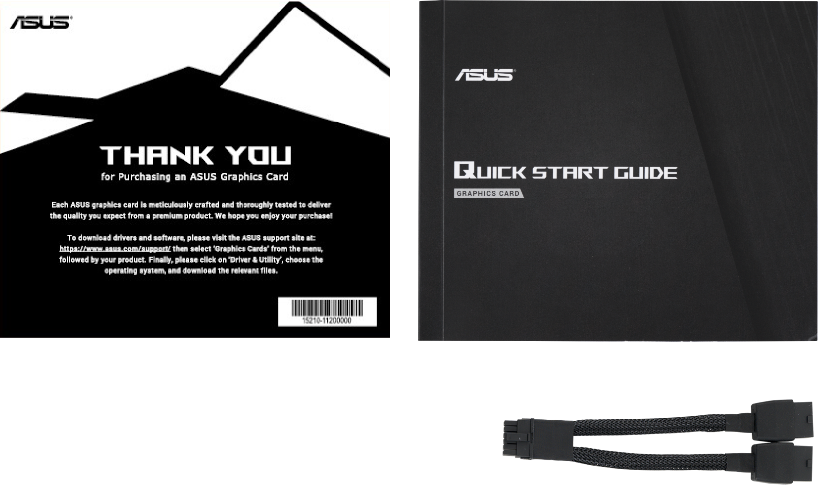 Das Bild zeigt eine ASUS-Produktbox mit einem Dankesschreiben und einer Kurzanleitung sowie einen Netzadapter.