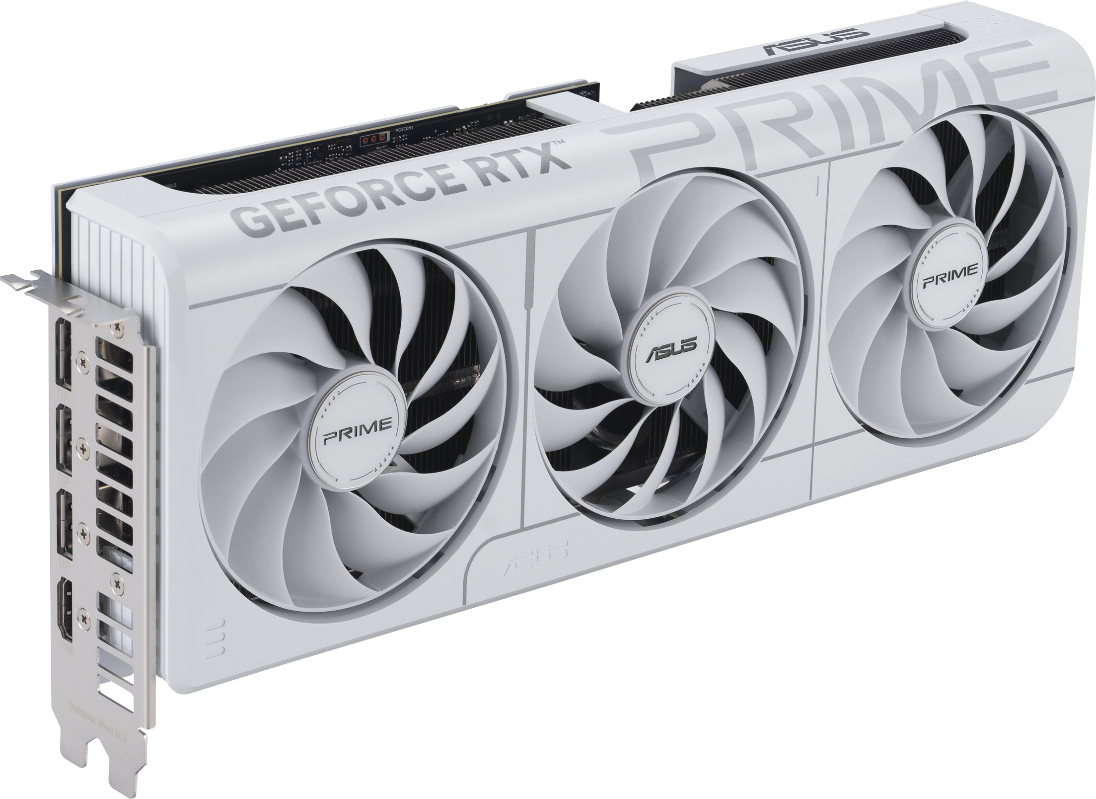 Eine weiße ASUS GeForce RTX-Grafikkarte. Sie hat drei Lüfter, das PRIME-Logo und die Aufschrift GEFORCE RTX.