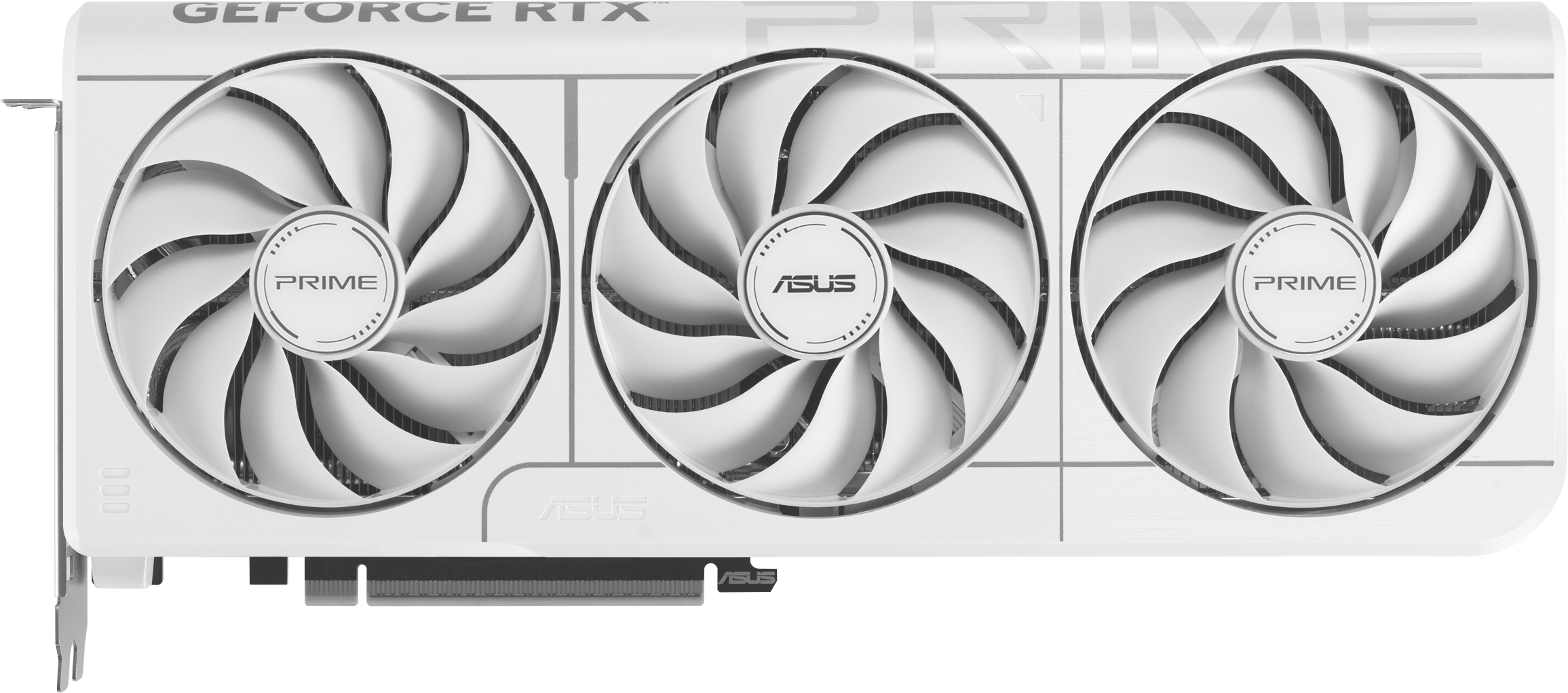 Eine weiße ASUS GeForce RTX-Grafikkarte mit drei Lüftern. Jeder Lüfter hat gebogene Blätter und ein zentrales Logo. Die Karte liegt auf weißem Untergrund.