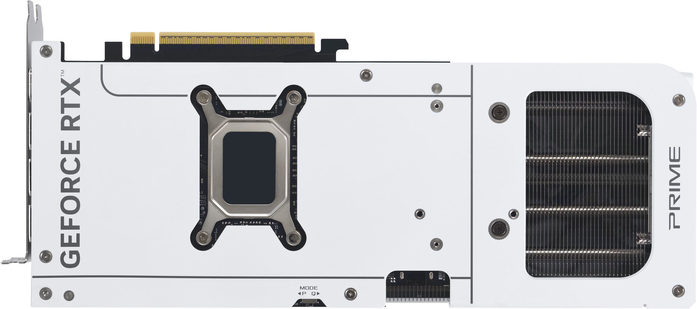 Eine weiße GeForce RTX PRIME Grafikkarte. Merkmale sind schwarze Kühlelemente, Silberschrauben und ein goldfarbener Anschluss.