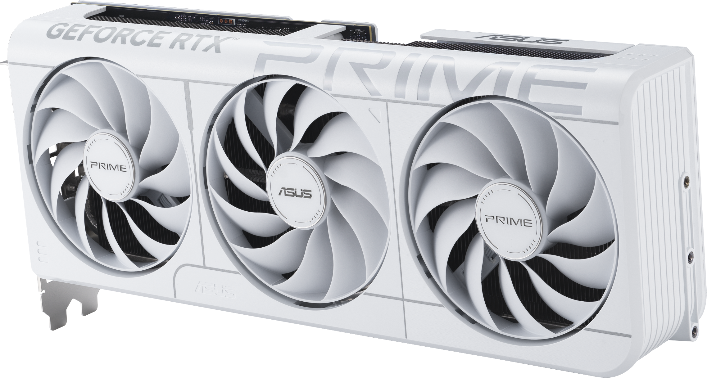 Weiße ASUS GeForce RTX Grafikkarte. Sie hat drei Lüfter, das Wort PRIME und silberne Akzente auf weißem Hintergrund.