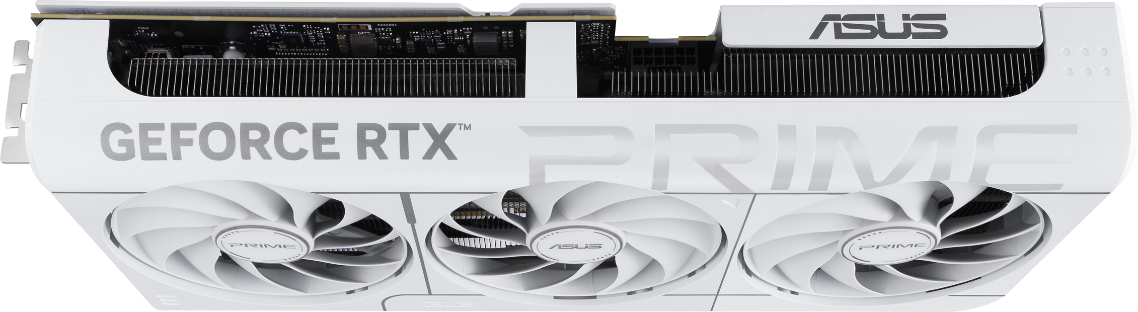 Weiße ASUS GeForce RTX PRIME Grafikkarte. Drei Lüfter sind sichtbar. Grauer Text: GEFORCE RTX PRIME und ASUS Logo.