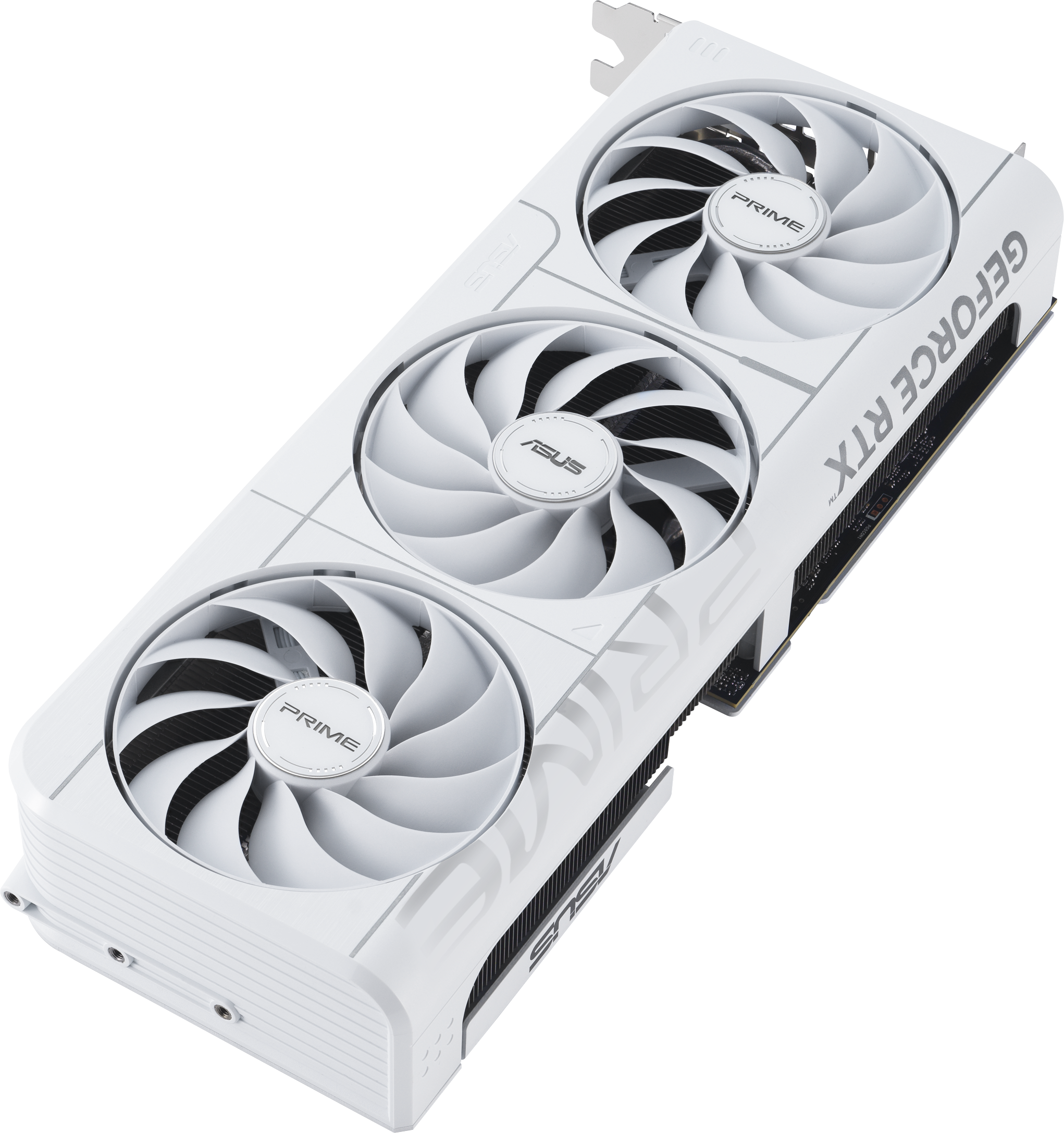 Weiße ASUS GeForce RTX Grafikkarte mit drei Lüftern, dem Wort PRIME auf den Lüftern und GeForce RTX an der Seite.