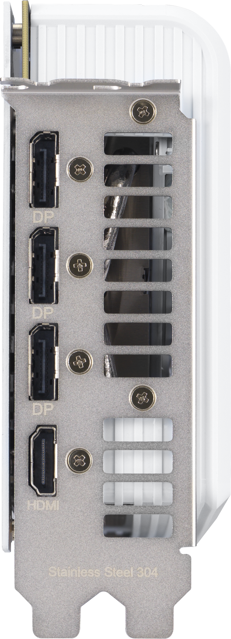 Eine silberne Rückwand einer Grafikkarte mit DP- und HDMI-Anschlüssen. Sie hat Schraubenlöcher und Lüftungsschlitze.