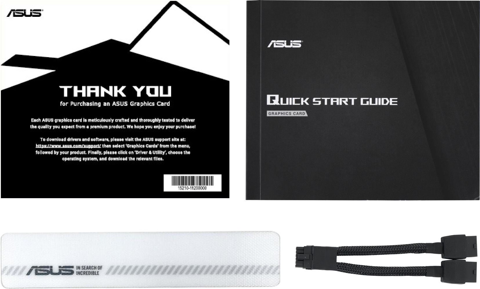 Das Bild zeigt die Verpackung der ASUS-Grafikkarte. Enthält eine Dankeskarte, eine Kurzanleitung, ein Band und ein Stromkabel.