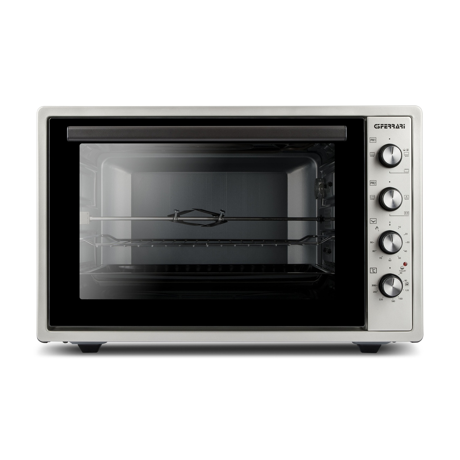 Un forno G.Ferrari argentato con porta a vetro, manopole e quadrante della temperatura. Interno con griglie e girarrosto.