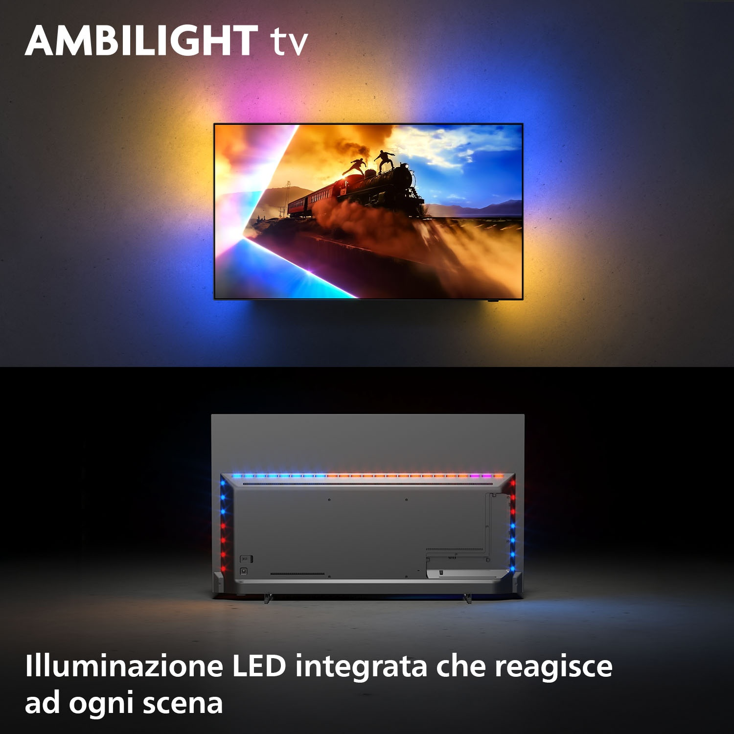 Un televisore mostra una scena d'azione. È illuminato da luci LED colorate che reagiscono alla scena. Il retro del televisore mostra anche luci LED.