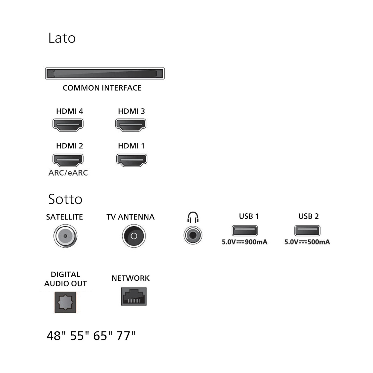 Schema delle porte TV, tra cui HDMI, USB, antenna e connessioni di rete. Mostra anche le dimensioni: 48", 55", 65" e 77".