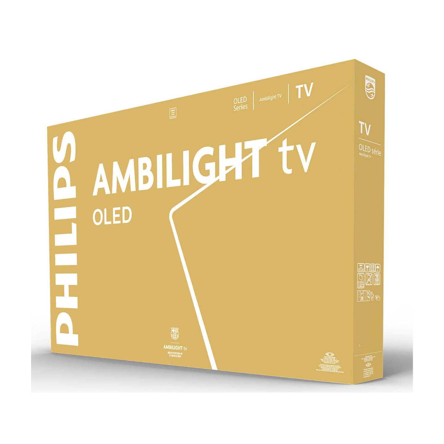 Una scatola TV Philips Ambilight OLED dorata. La scatola presenta testo, tra cui "Philips", "Ambilight TV" e "OLED Series". Logo dell'FC Barcelona.