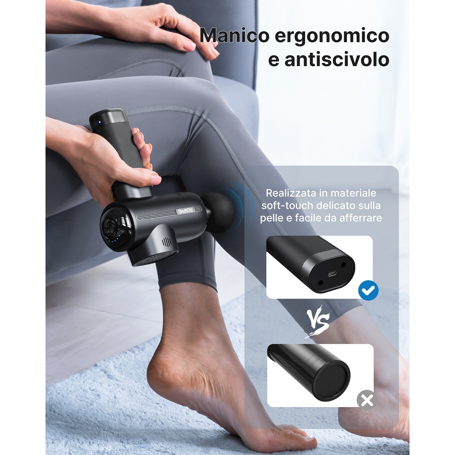 Una persona massaggia la gamba con una pistola massaggiante nera. La pistola ha un'impugnatura comoda. L'immagine mostra anche un confronto.