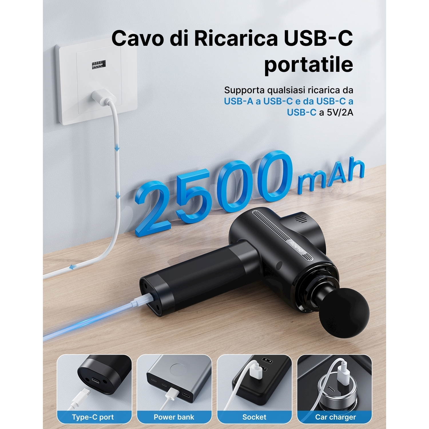 Pistola massaggiante nera in carica, collegata a una presa a muro, con un cavo. Sotto, immagini mostrano opzioni di ricarica.
