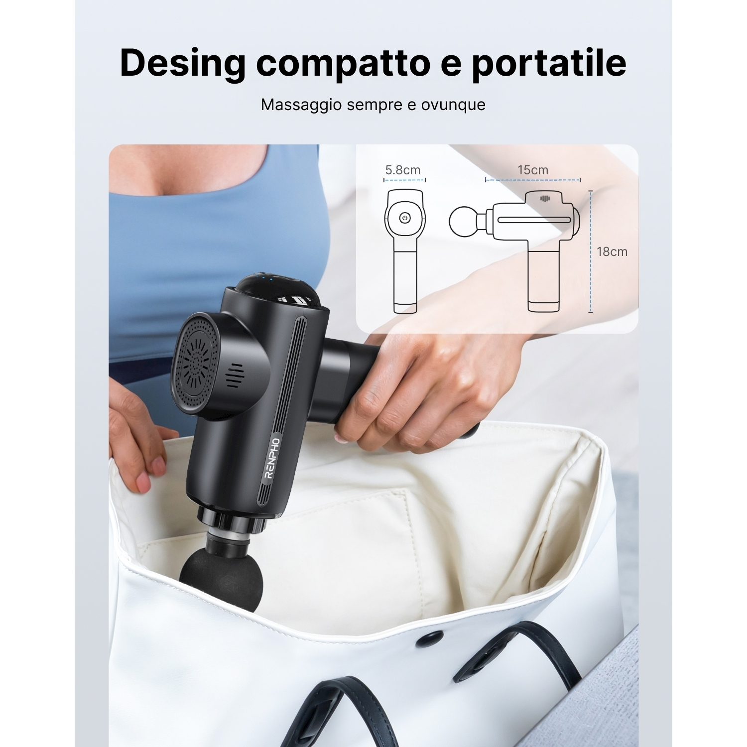 Una donna ripone una pistola massaggiante nera in una borsa bianca. L'immagine mostra anche le dimensioni della pistola in un diagramma.