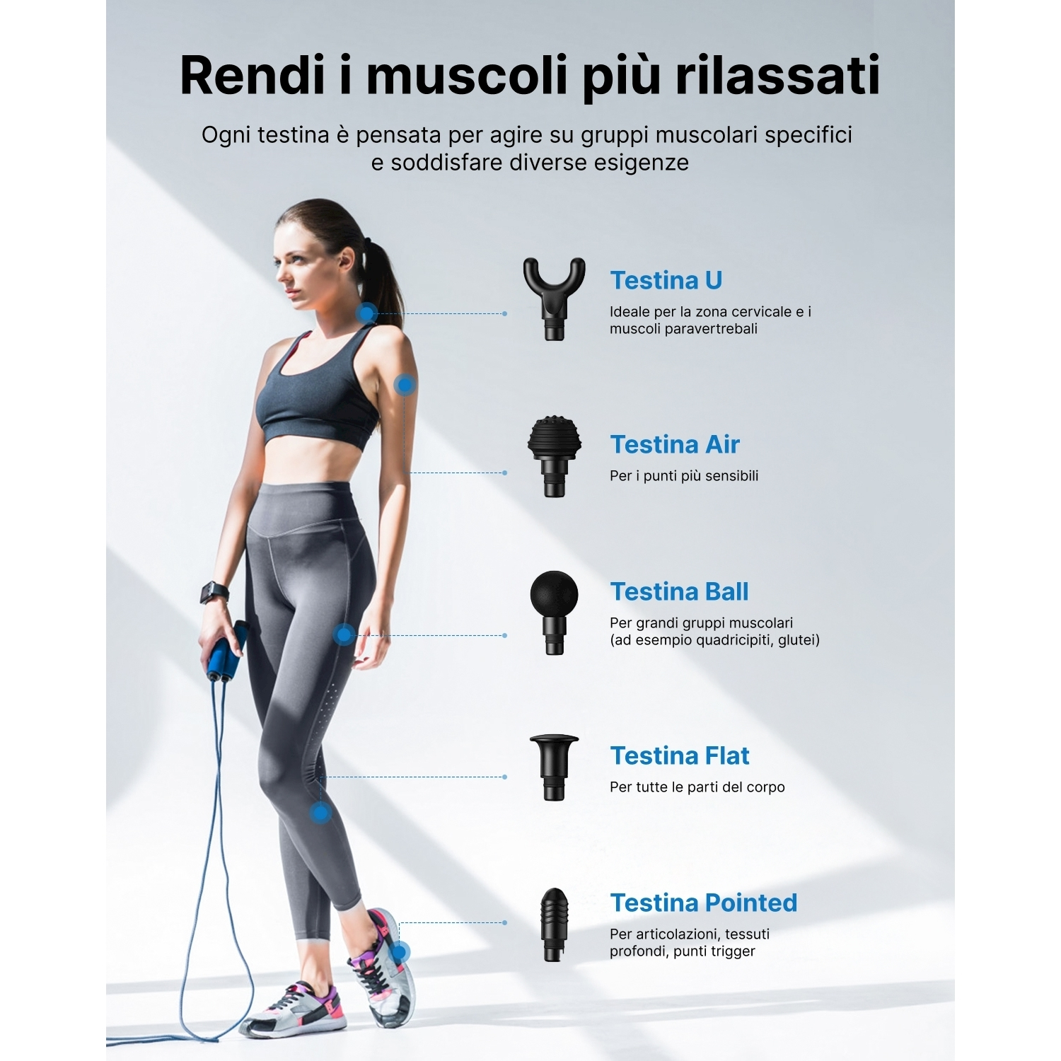 Donna in abbigliamento sportivo con una corda per saltare. L'immagine mostra testine per massaggio con descrizioni. Il testo dice: Rilassa i tuoi muscoli.