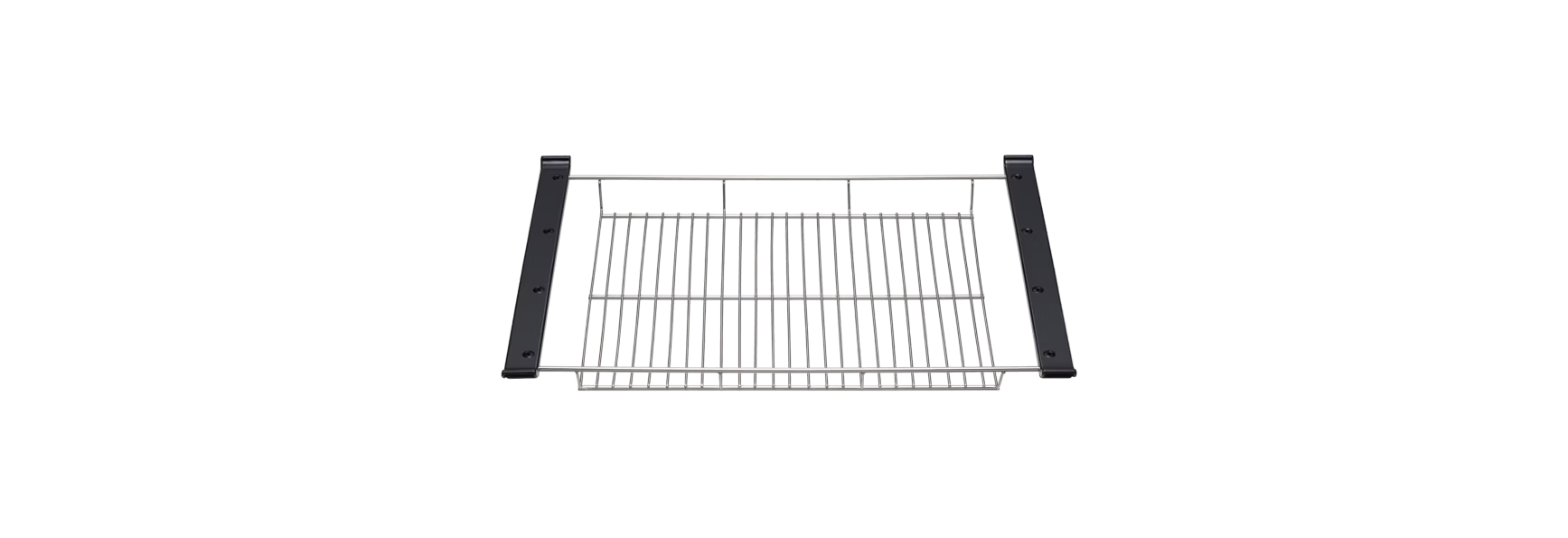 Metalowy stojak o prostokątnym kształcie. Ma pionowe i poziome pręty. Tło jest czarne.