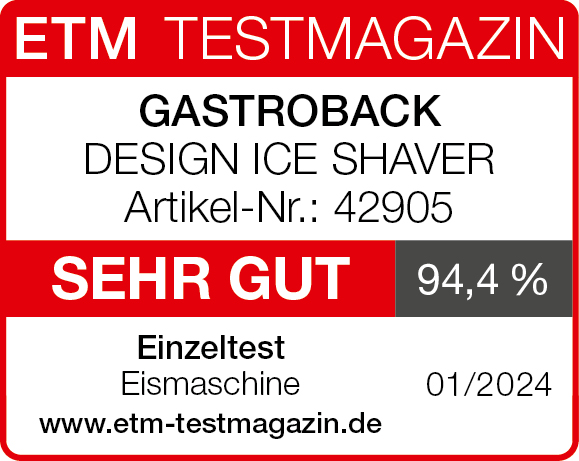 Ein rot-weißes Magazincover mit Text. Es lautet 'ETM TESTMAGAZIN' und 'GASTROBACK DESIGN ICE SHAVER'. Es hat eine Bewertung von 94,4%.