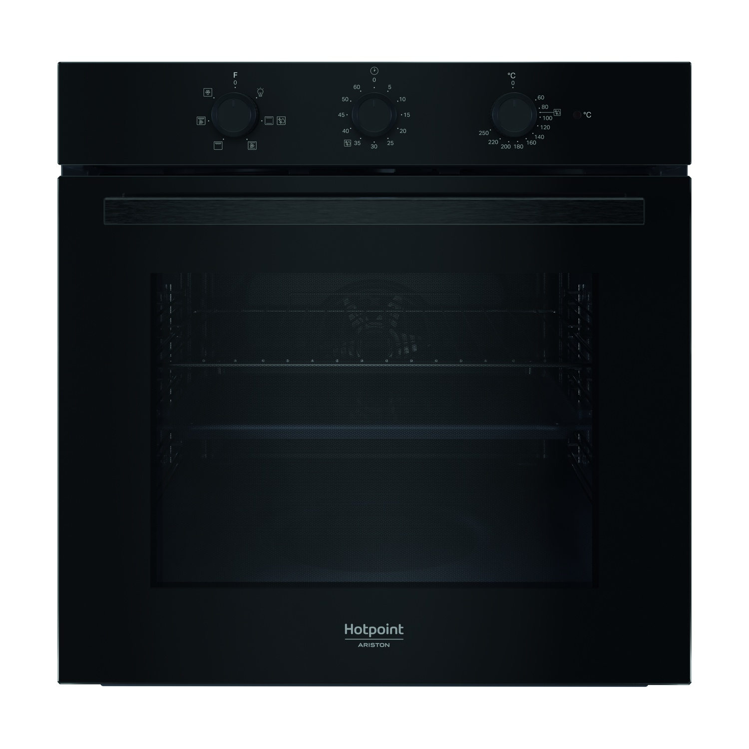 Un forno nero Hotpoint con manopole di controllo, quadranti della temperatura e porta a vetri. Il forno è vuoto all'interno.