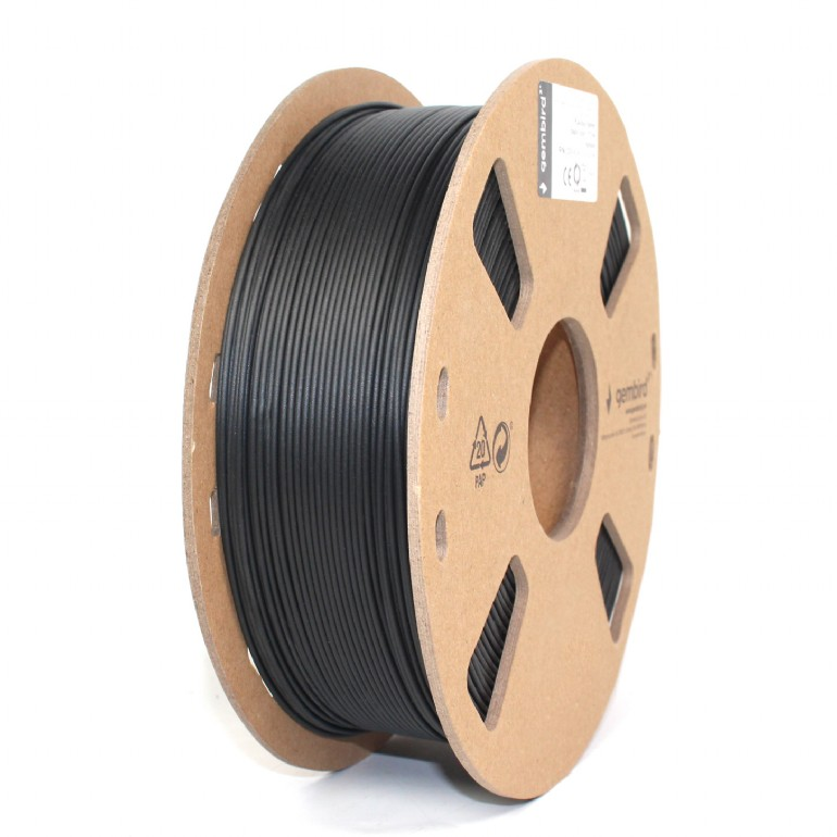Fekete filament tekercs 3D nyomtatáshoz. A tekercs kartonkereten van, a márkanévvel.