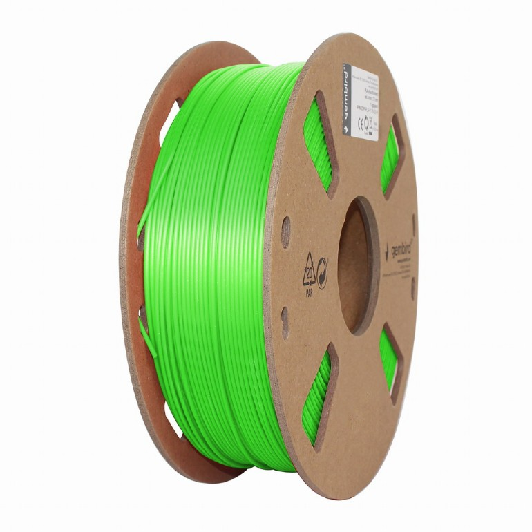 Egy zöld 3D nyomtató filament tekercs barna karton orsón. A háttér fehér.