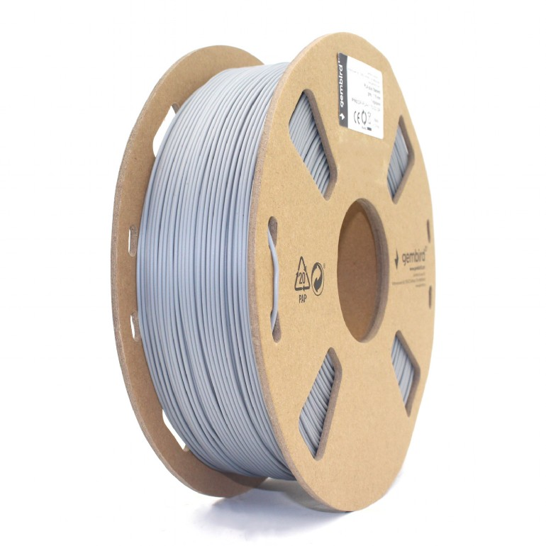 Egy szürke 3D nyomtató filament tekercse. A tekercs kartonkerettel rendelkezik, és a filament szorosan fel van tekerve. A márka Gembird.