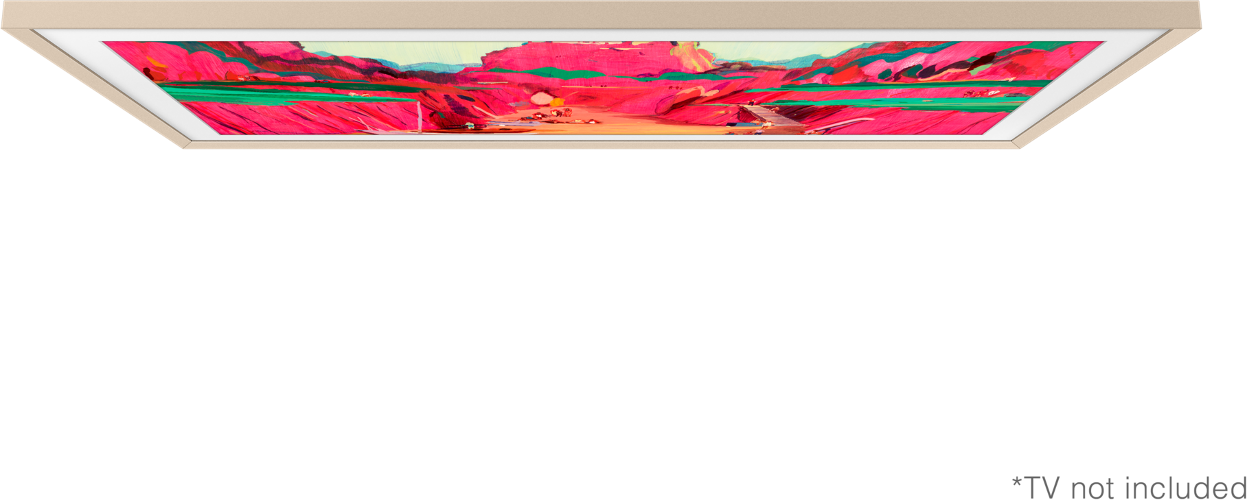 Ein gerahmtes Kunstwerk zeigt eine Landschaft mit rosa Bergen, grüner Vegetation und einer Brücke. Der Rahmen ist beige, der Hintergrund schwarz.