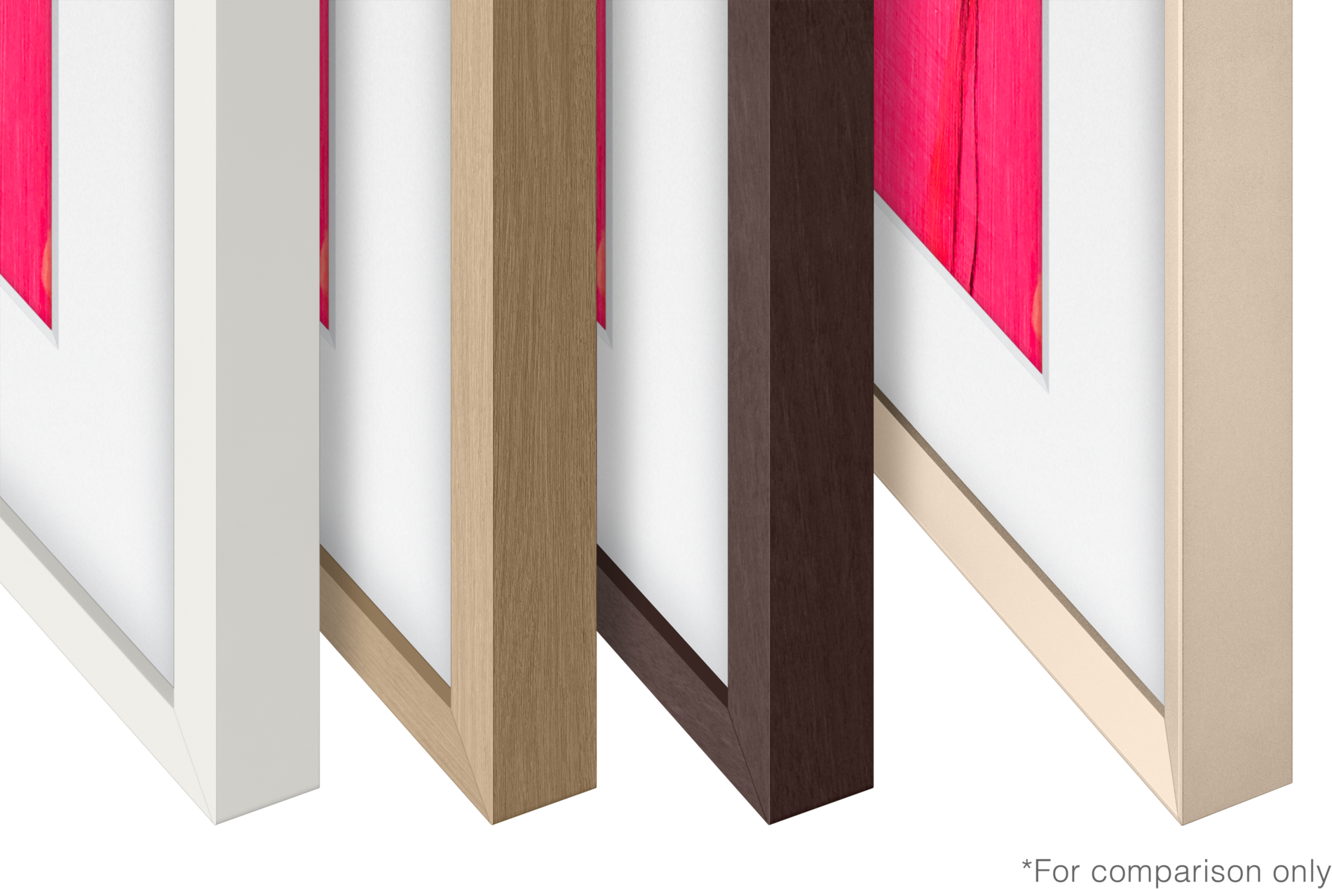 Nahaufnahme von vier Bilderrahmen in verschiedenen Farben: Weiß, helles Holz, Dunkelbraun und Beige. Das Bild innen ist pink.